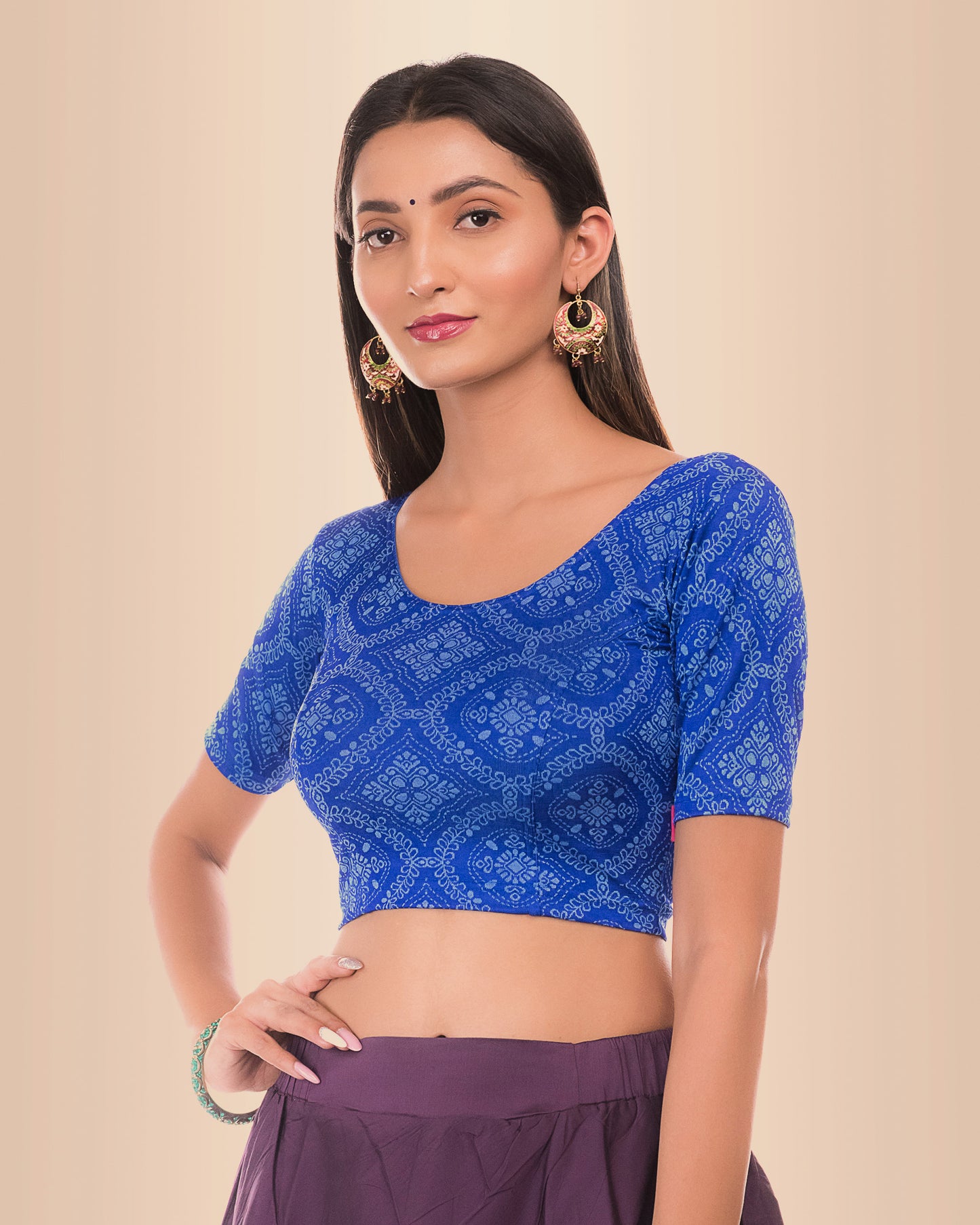 Khwaab Royal Blue Two Tone Chikankari Boat Neck Jacquard Blouse Advi