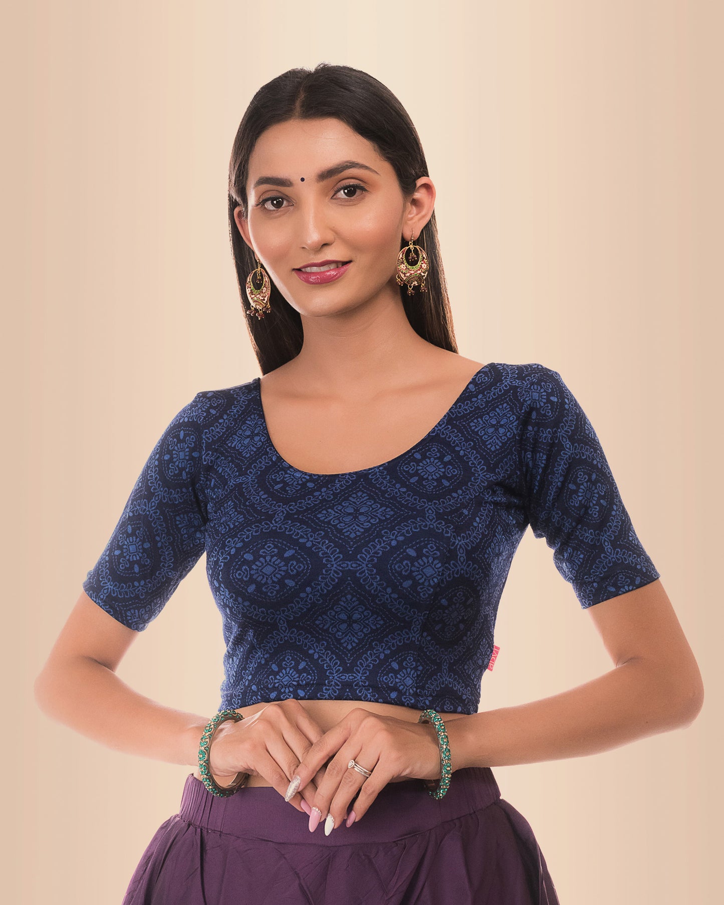 Khwaab Navy Chikankari Embellished Boat Neck Jacquard Blouse by Advi