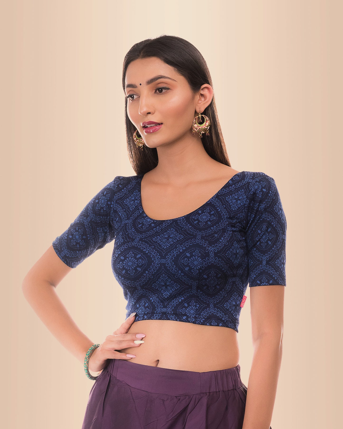Khwaab Navy Chikankari Embellished Boat Neck Jacquard Blouse by Advi