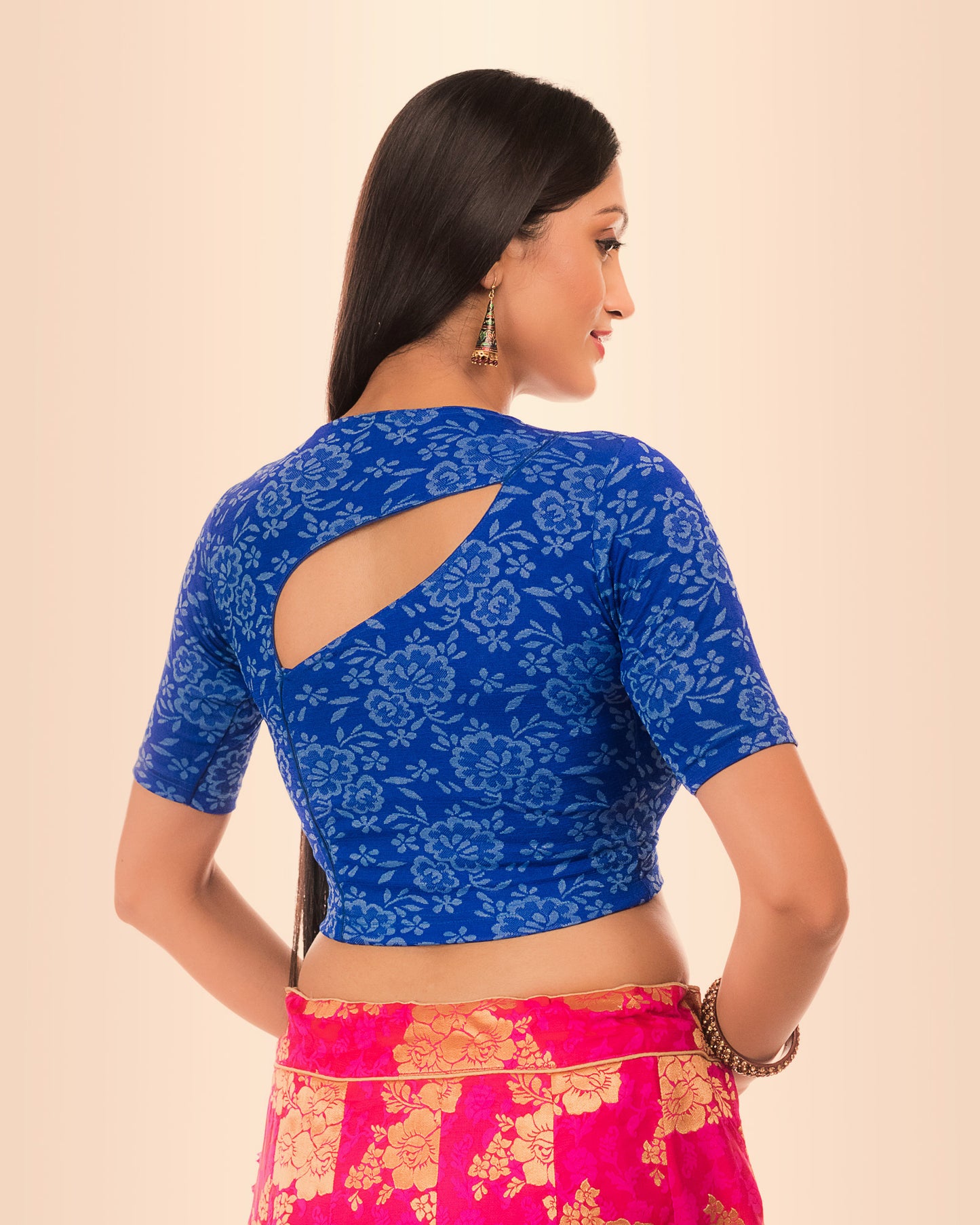 Ambreen Blue Stretchable Blouse with Floral Back Cut Design by Advi
