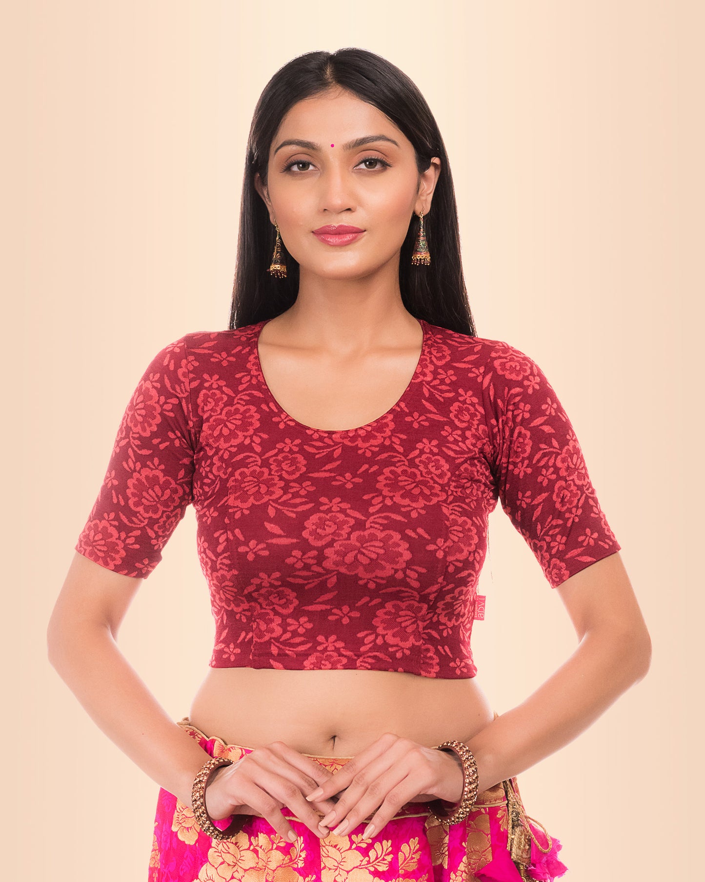 Ambreen Maroon High Neck Jacquard Blouse with Back Cut Style Advi