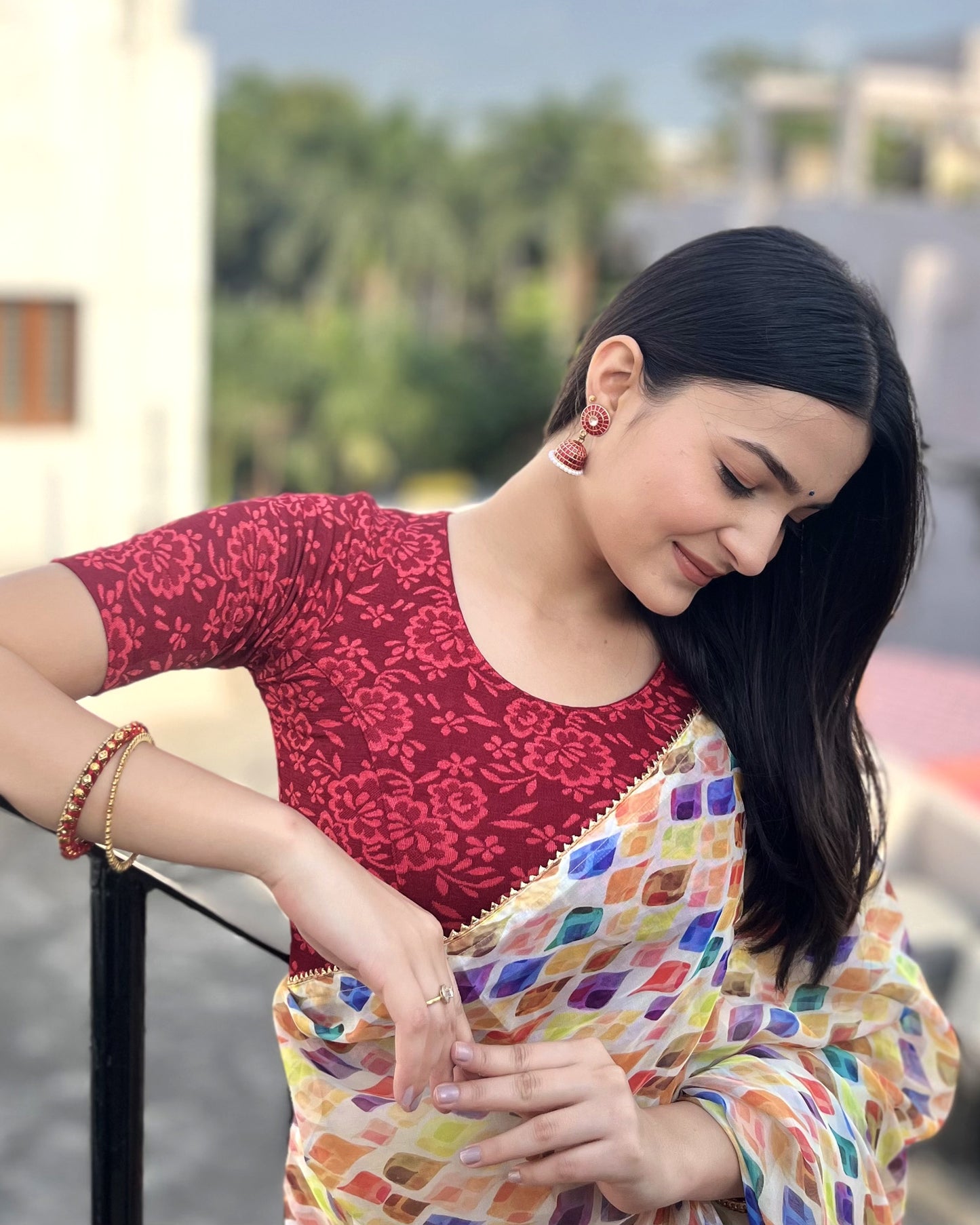 Ambreen Maroon High Neck Jacquard Blouse with Back Cut Style Advi