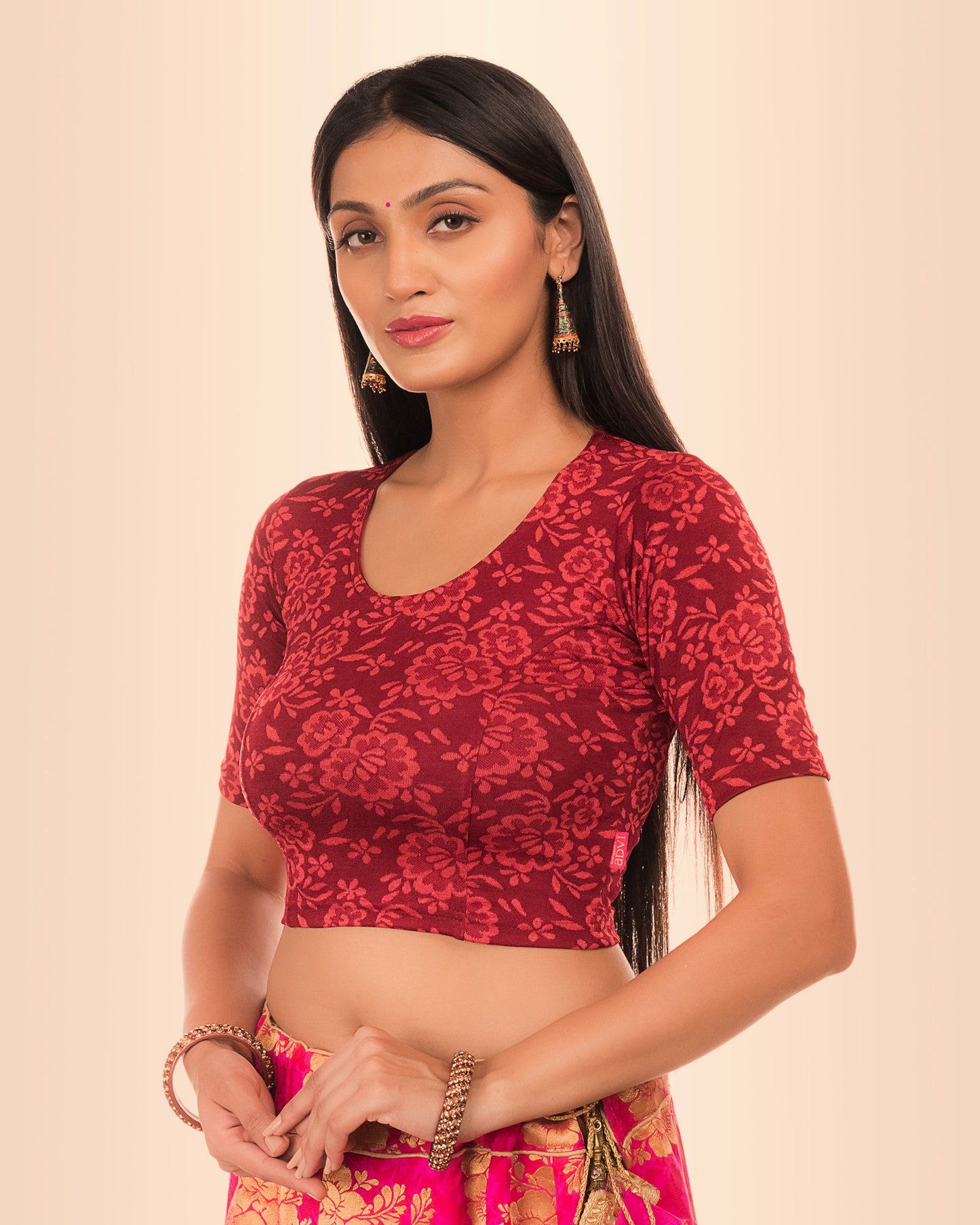 Ambreen Maroon High Neck Jacquard Blouse with Back Cut Style Advi
