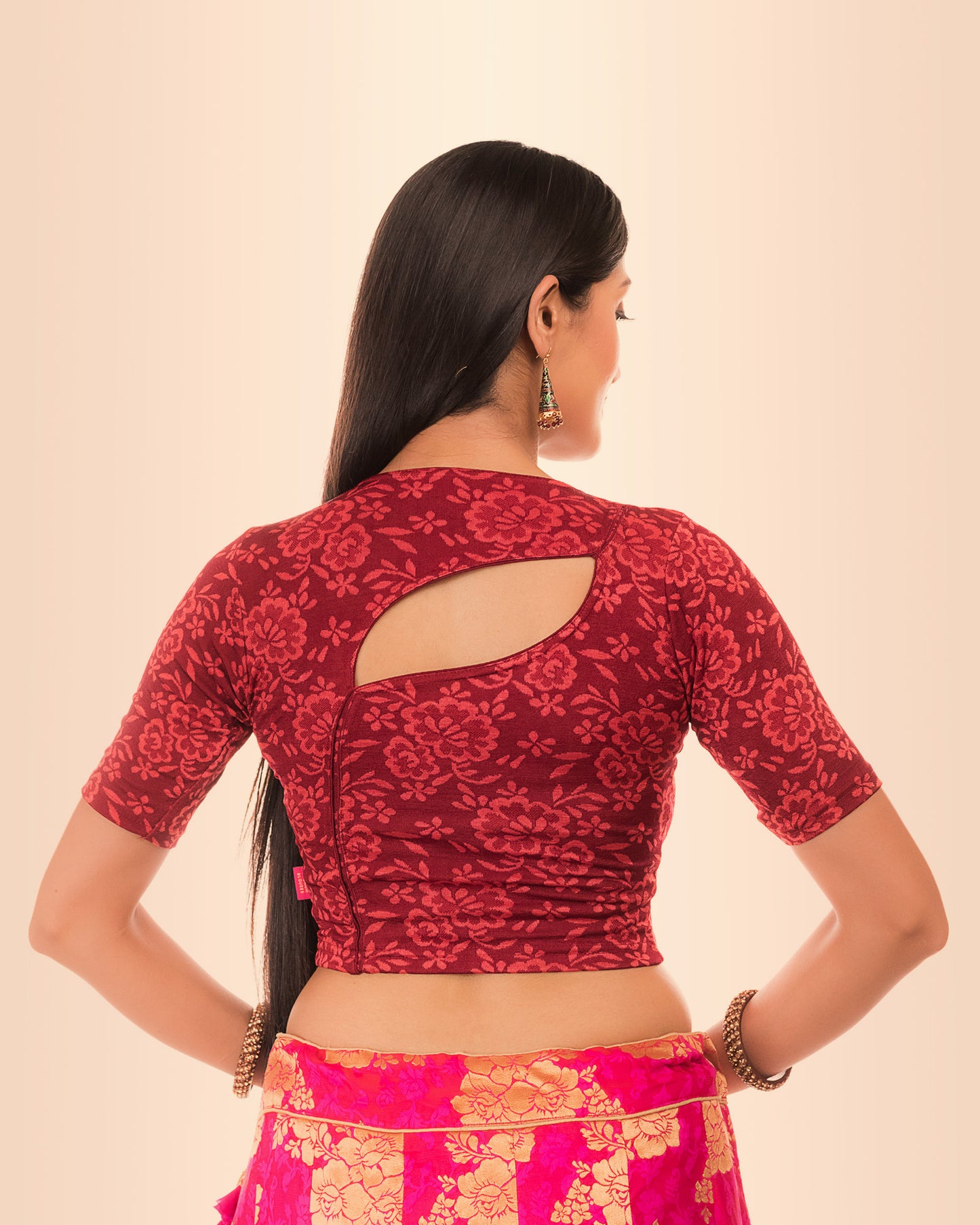 Ambreen Maroon High Neck Jacquard Blouse with Back Cut Style Advi