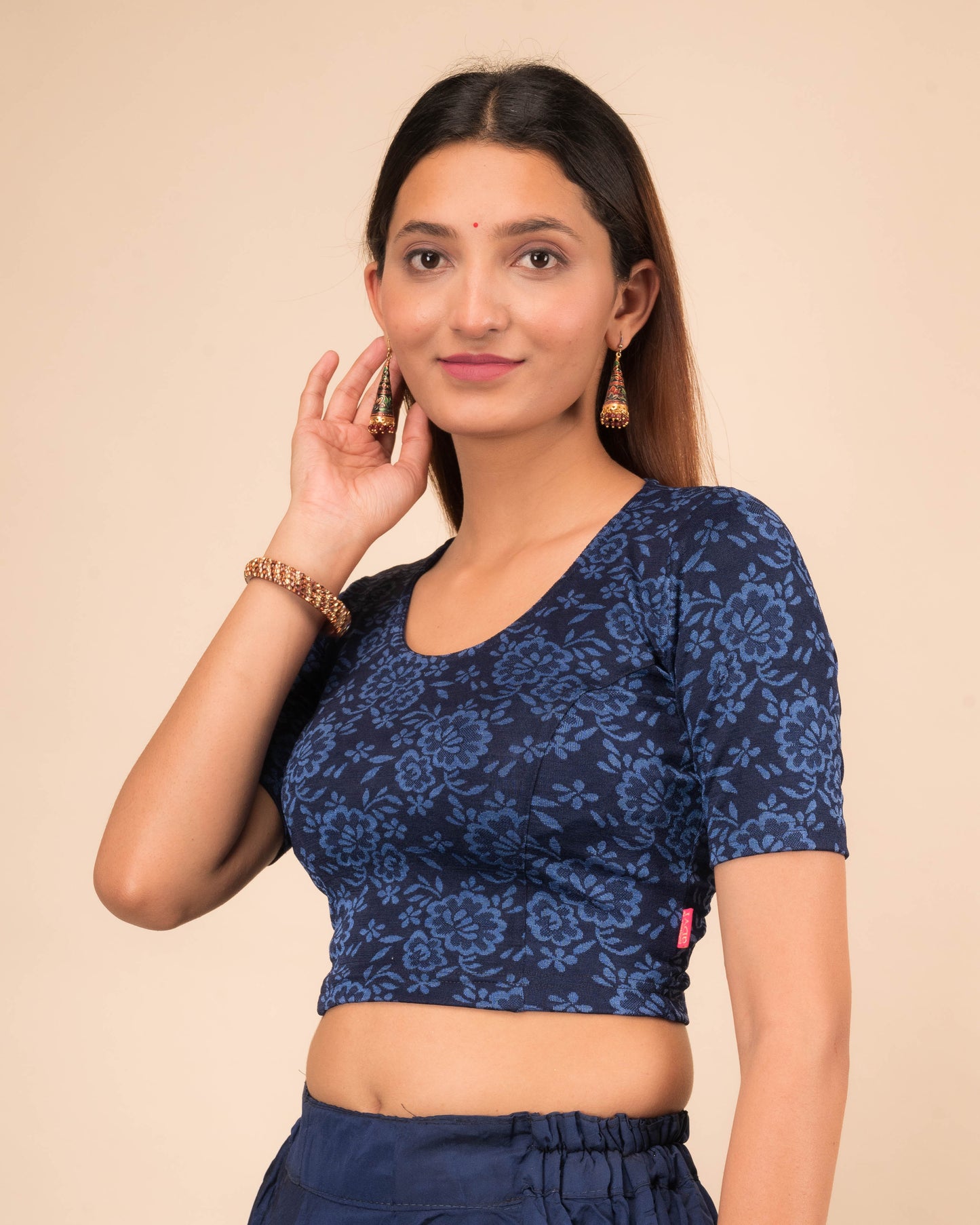 Ambreen Navy Elbow Sleeve Jacquard Blouse with Back Cut Detail Advi