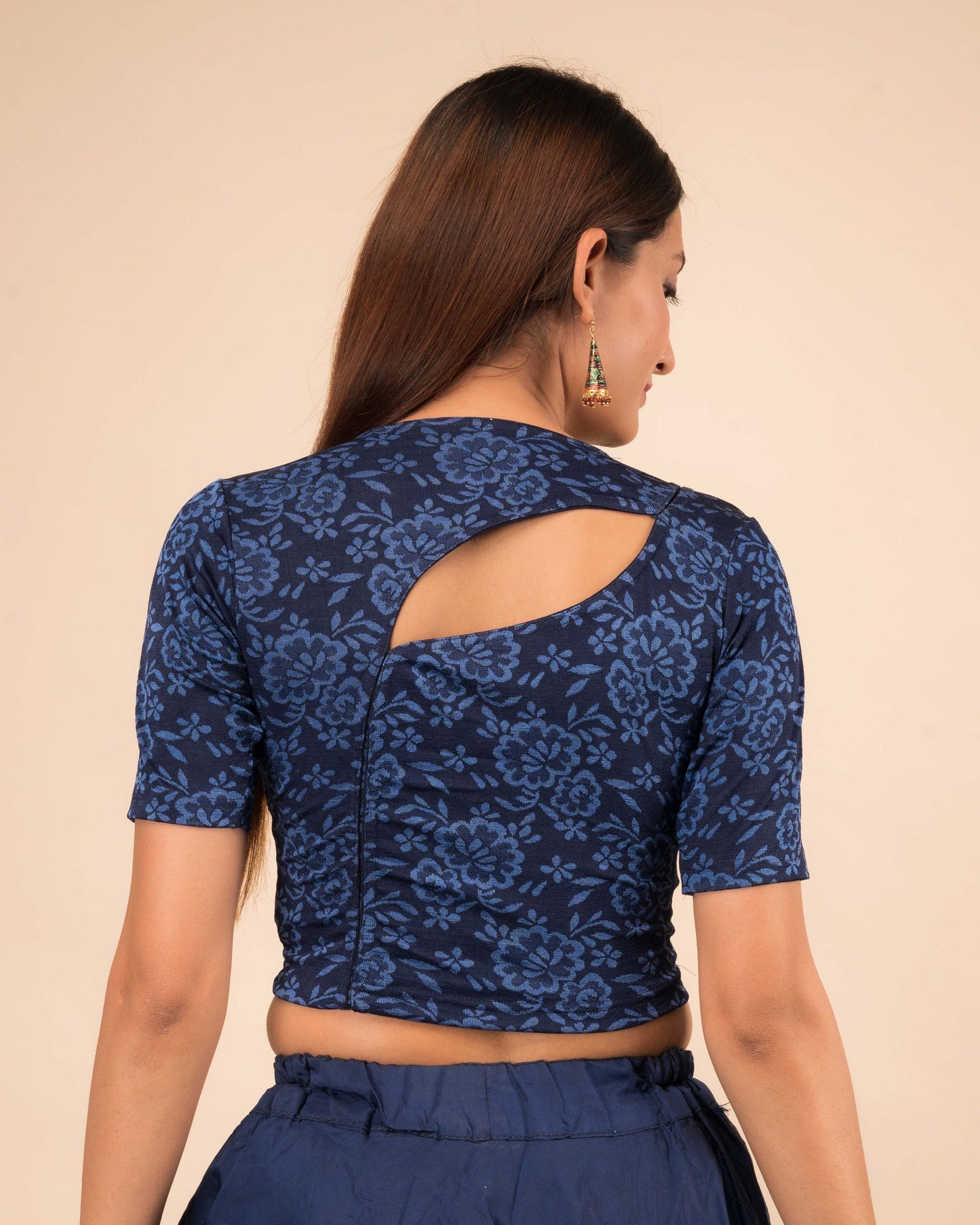 Ambreen Navy Elbow Sleeve Jacquard Blouse with Back Cut Detail Advi