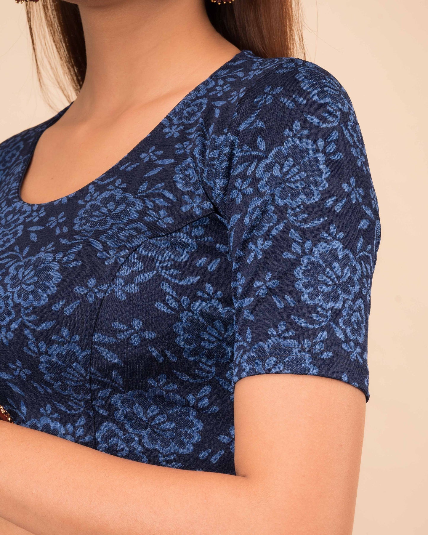 Ambreen Navy Elbow Sleeve Jacquard Blouse with Back Cut Detail Advi