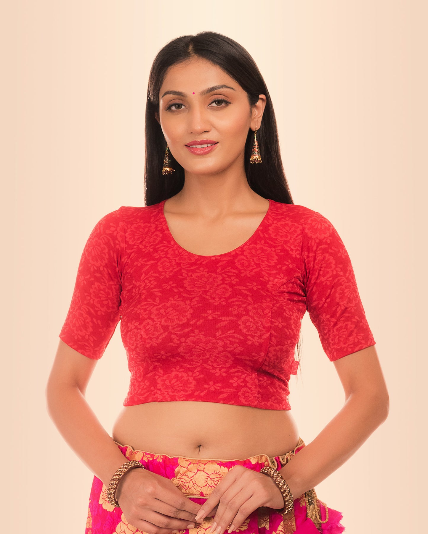 Ambreen Red Jacquard Blouse with Fancy Back Cut and Elbow Sleeves Advi