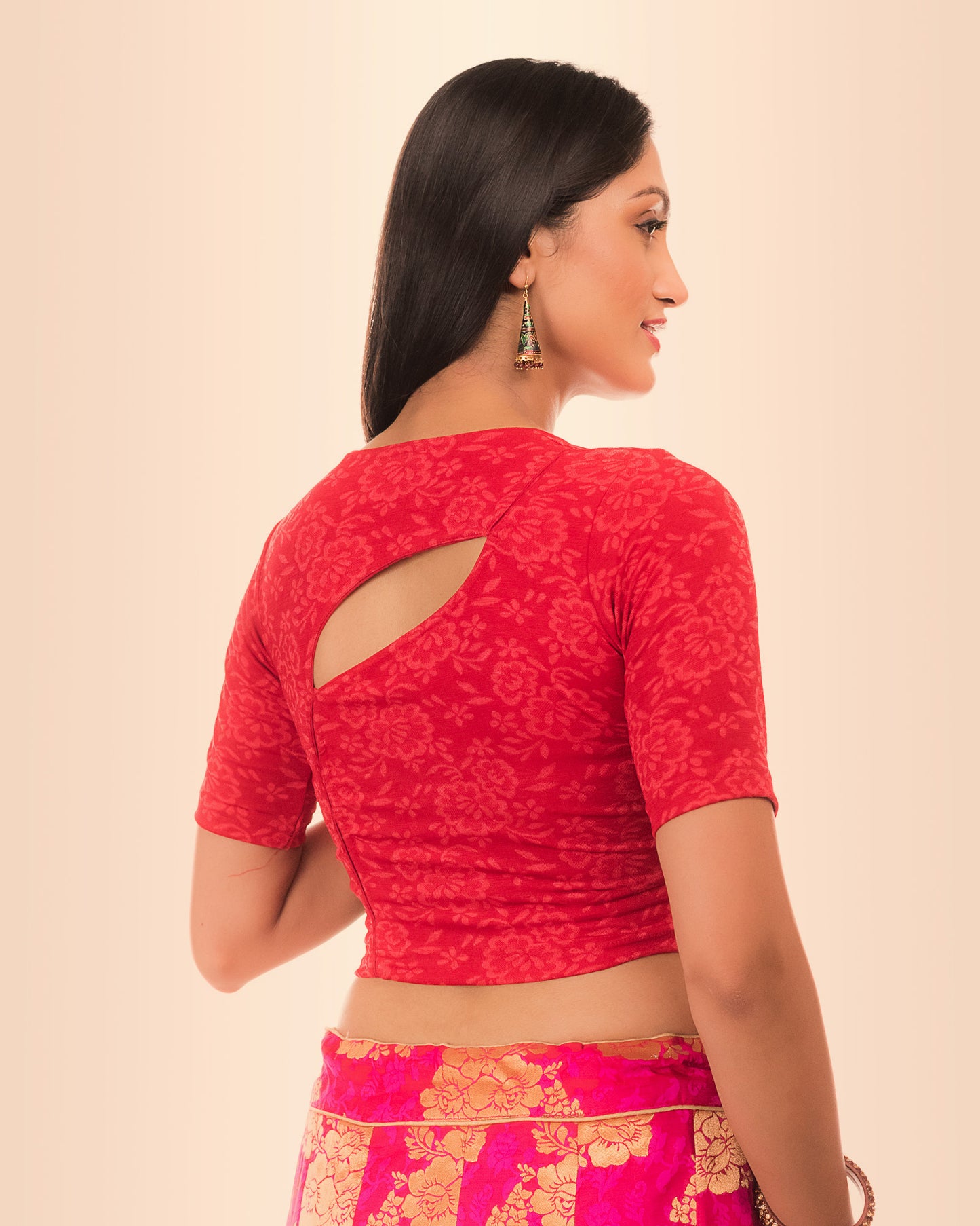 Ambreen Red Jacquard Blouse with Fancy Back Cut and Elbow Sleeves Advi