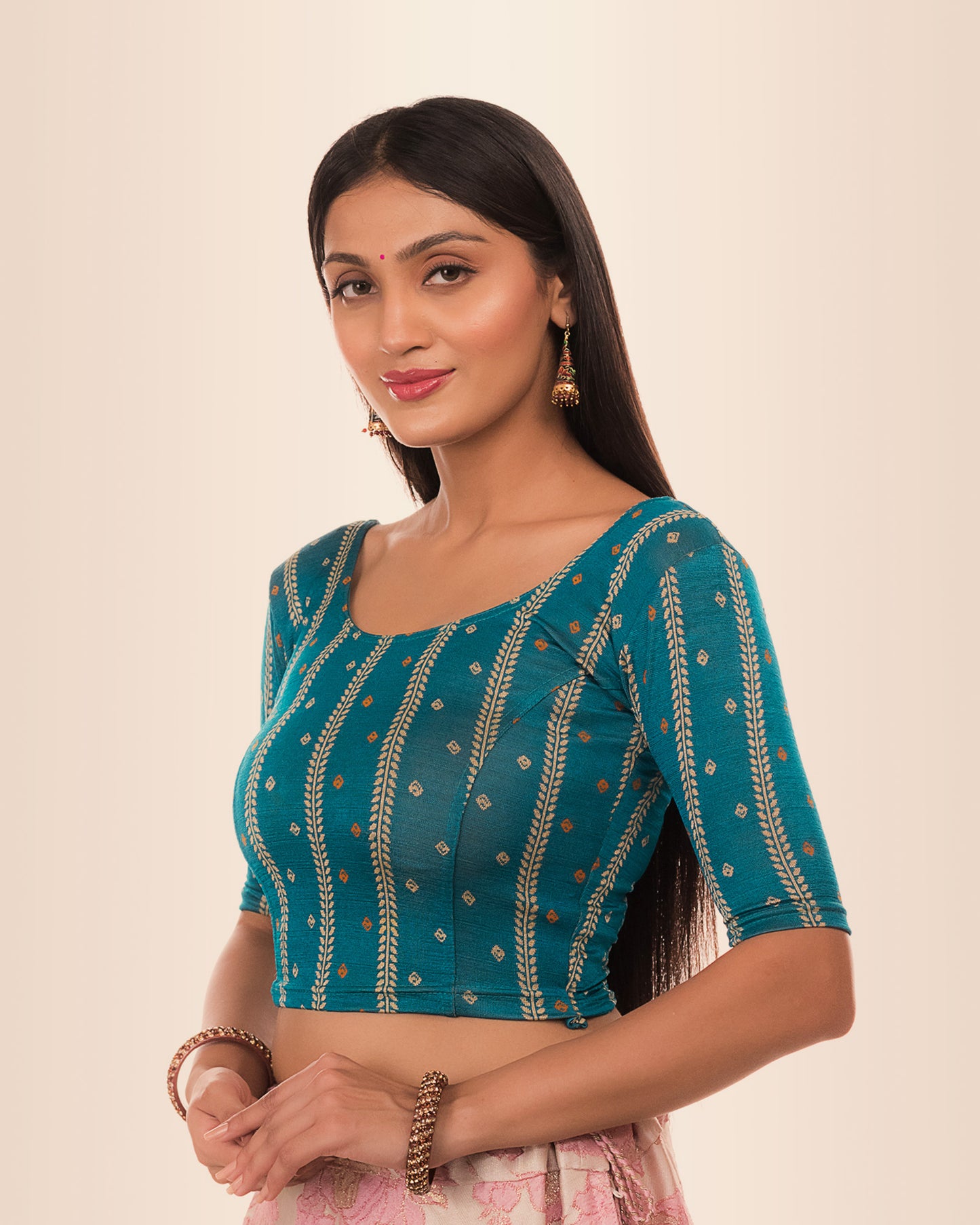 Mehreen Rama Green Leheriya Stripe Slip On Boat Neck Blouse by Advi
