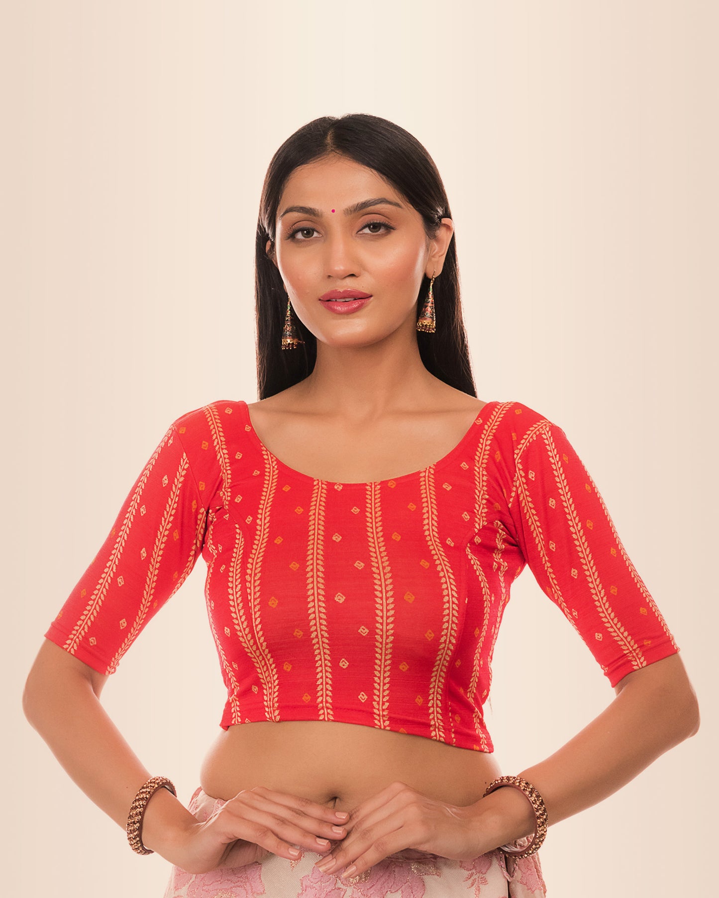 Mehreen Red Bandhani Stripes Embellished Jacquard Blouse by Advi
