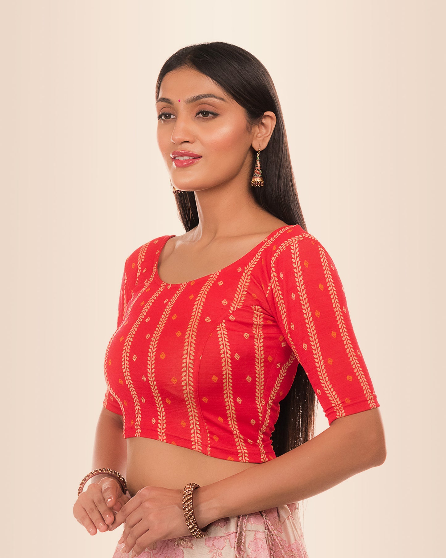 Mehreen Red Bandhani Stripes Embellished Jacquard Blouse by Advi