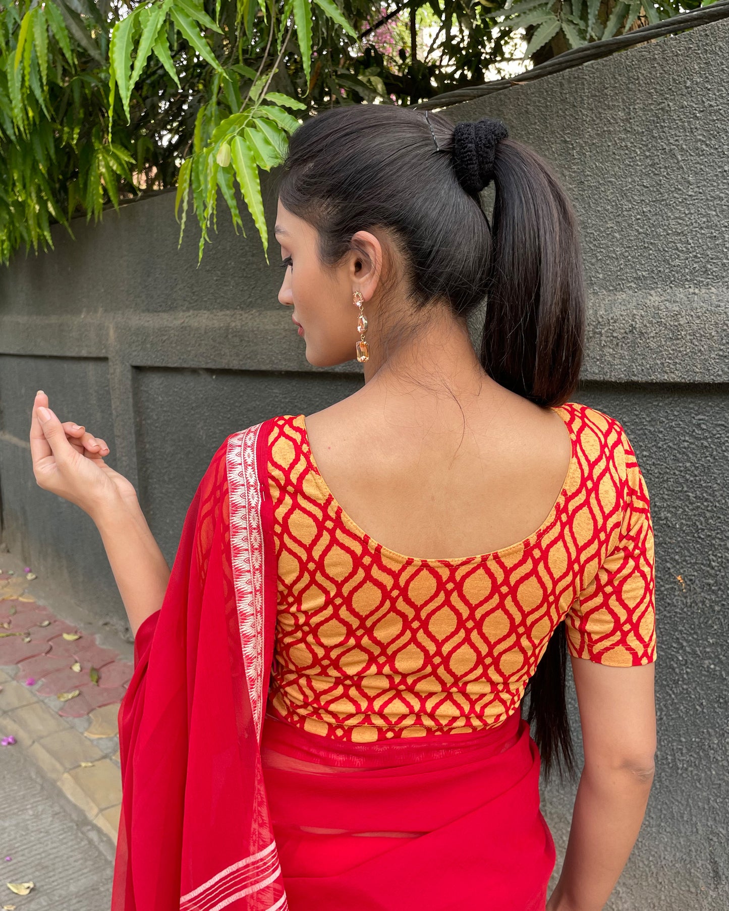 Taapsi Red Jacquard Blouse with Epaulet Button and Frill Sleeve Advi