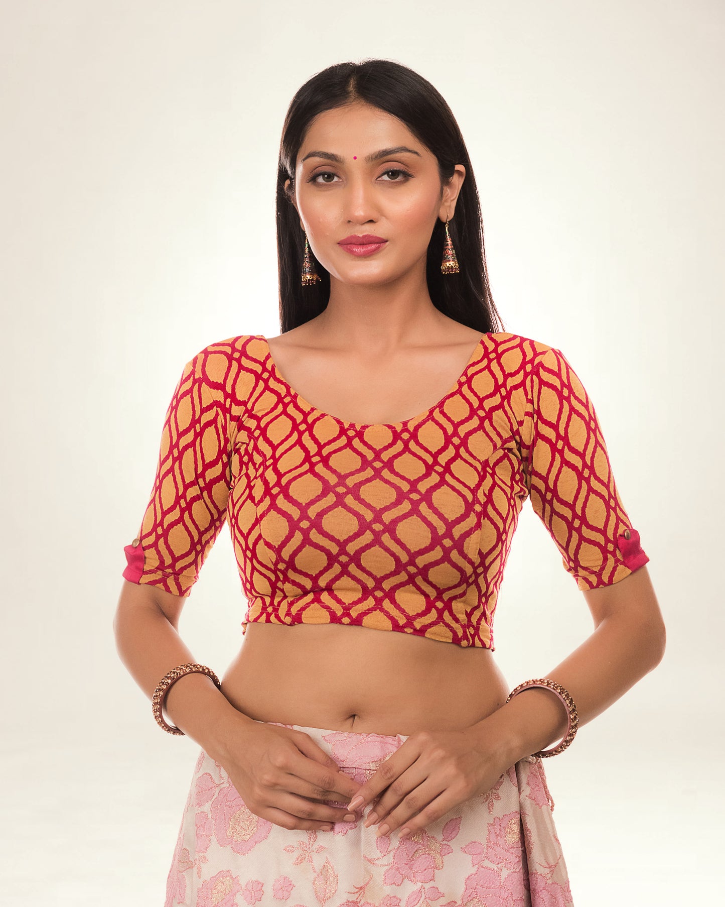 Taapsi Red Jacquard Blouse with Epaulet Button and Frill Sleeve Advi