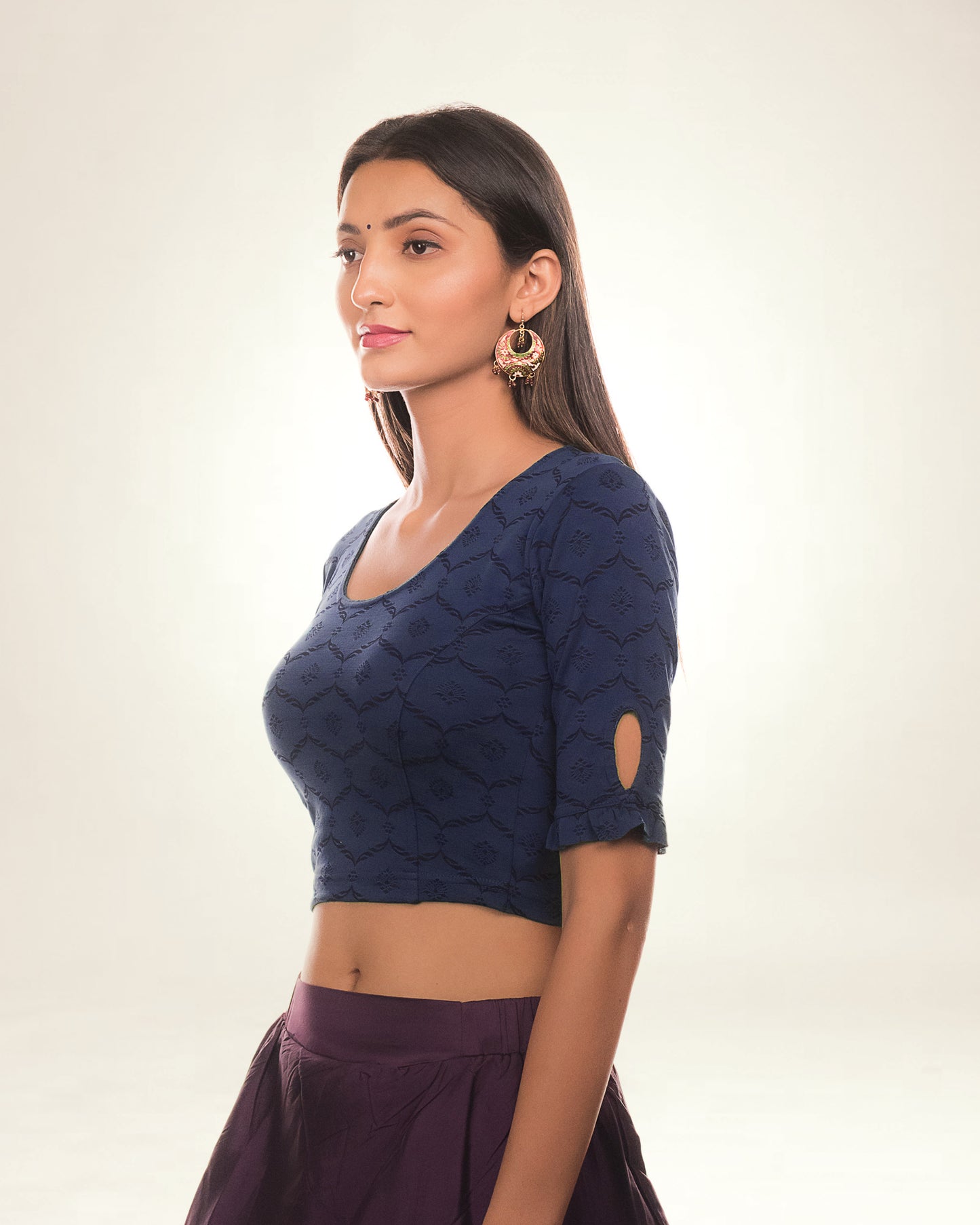 Amira Navy Jacquard Elbow Sleeve Blouse with Peekaboo Back Advi