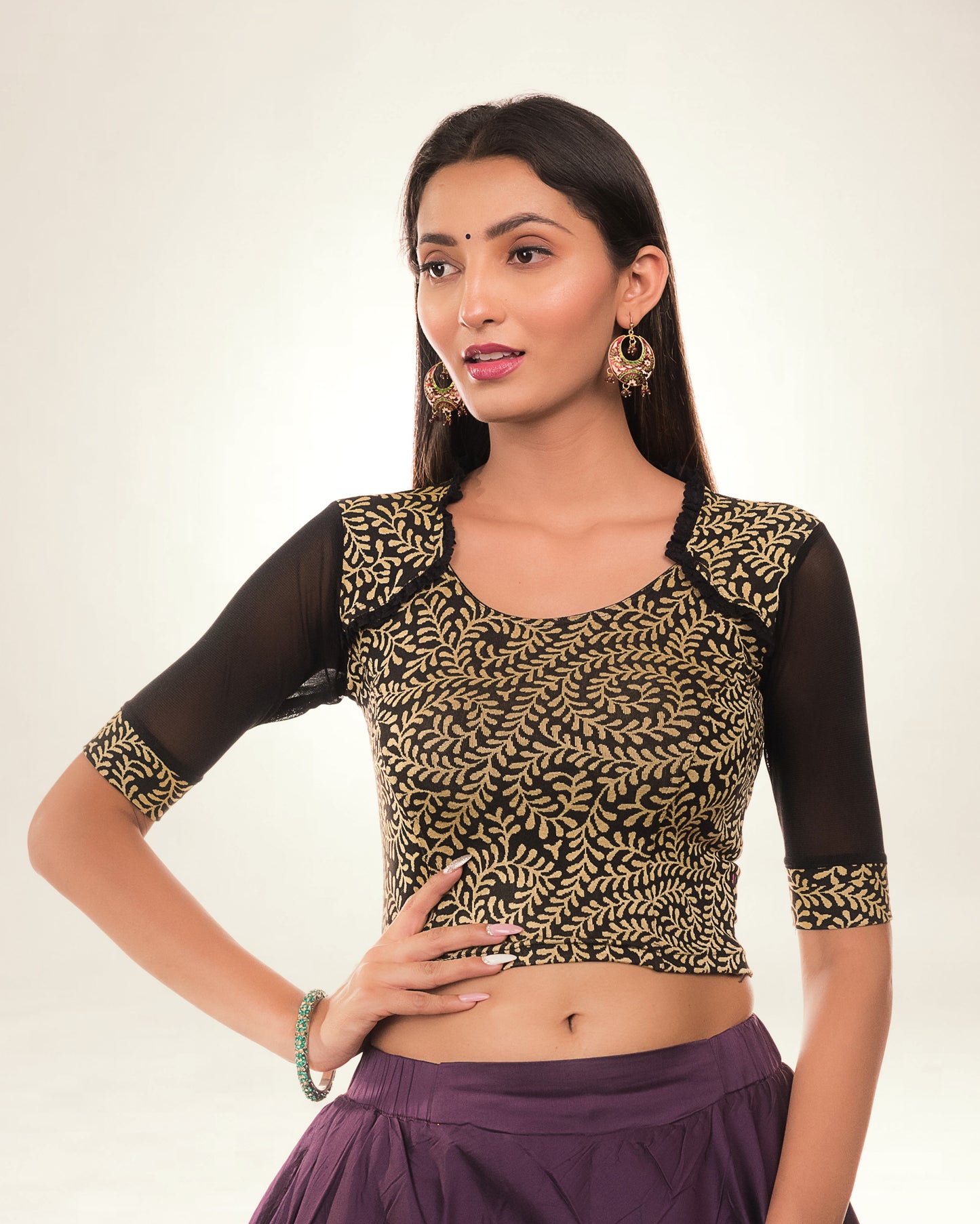 Kaya Beige Lace Collar High Back Jacquard Blouse by Advi