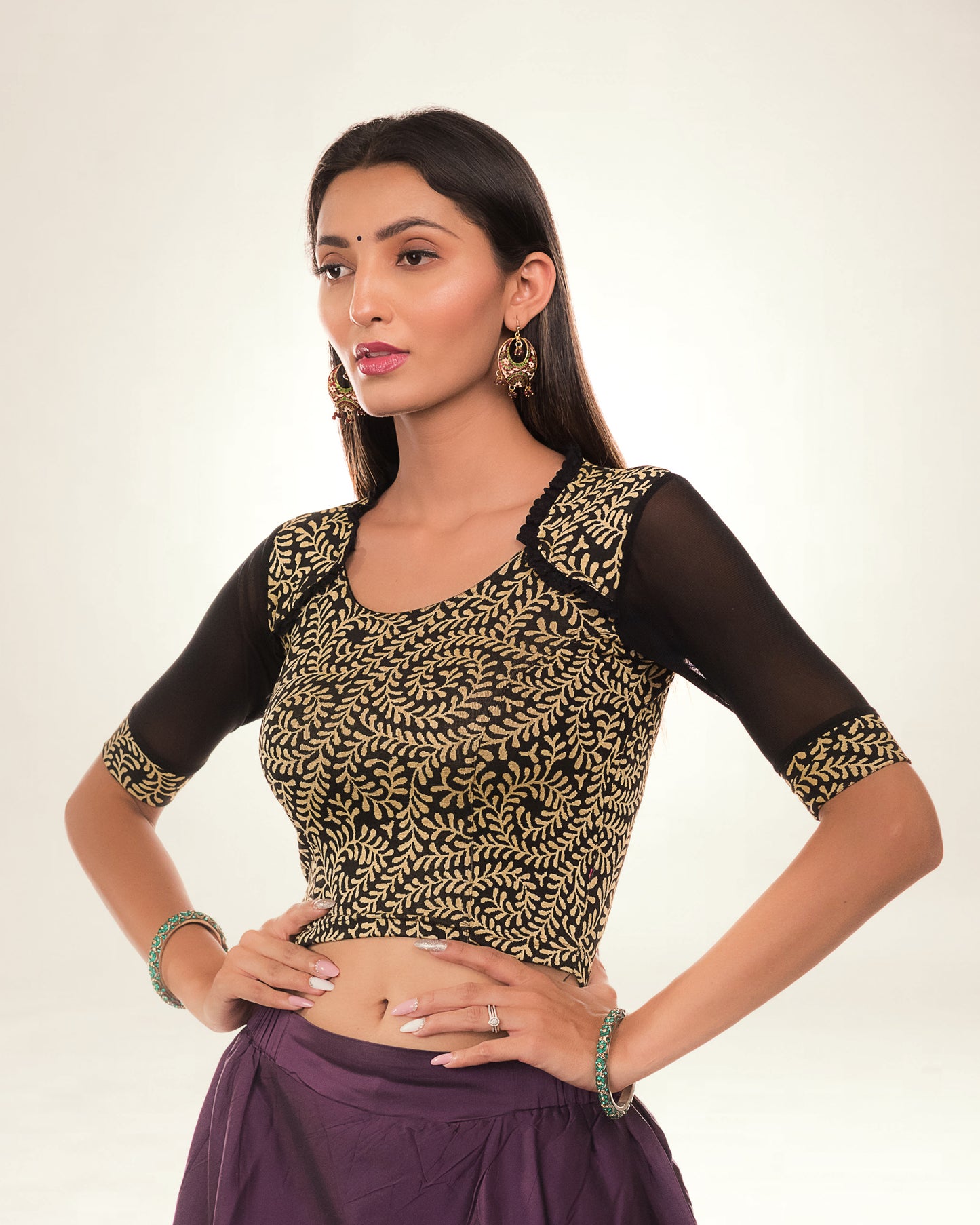 Kaya Beige Lace Collar High Back Jacquard Blouse by Advi