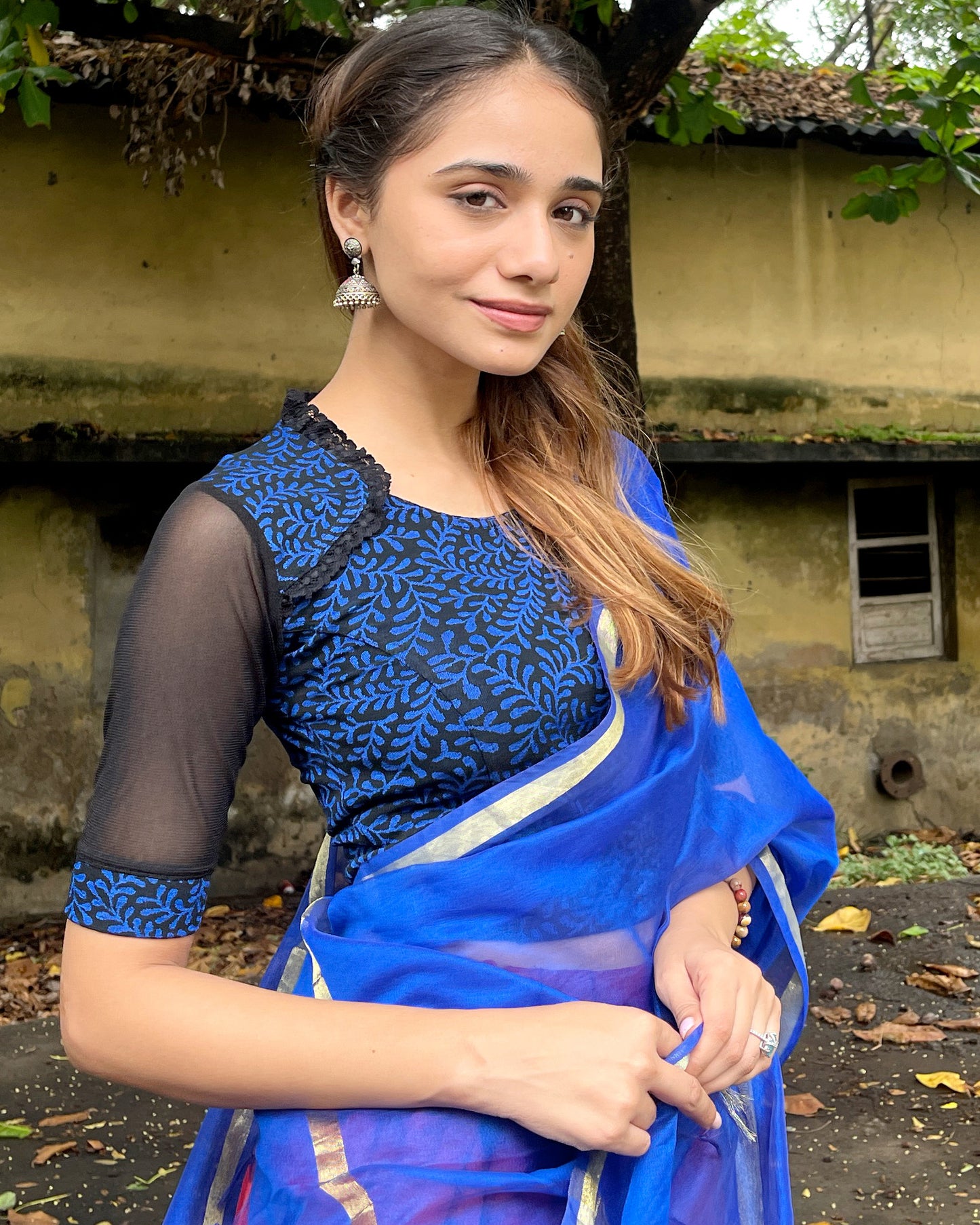 Kaya Blue Boat Neck Blouse with Lace Collar and Frill by Advi