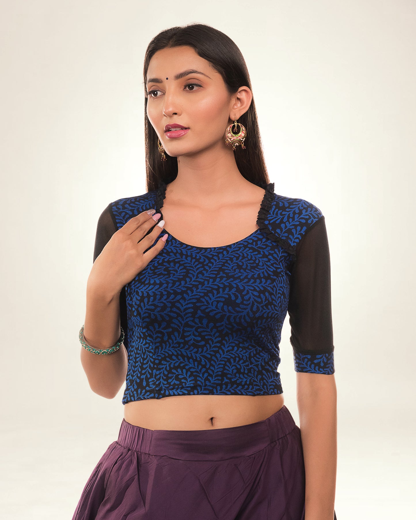Kaya Blue Boat Neck Blouse with Lace Collar and Frill by Advi