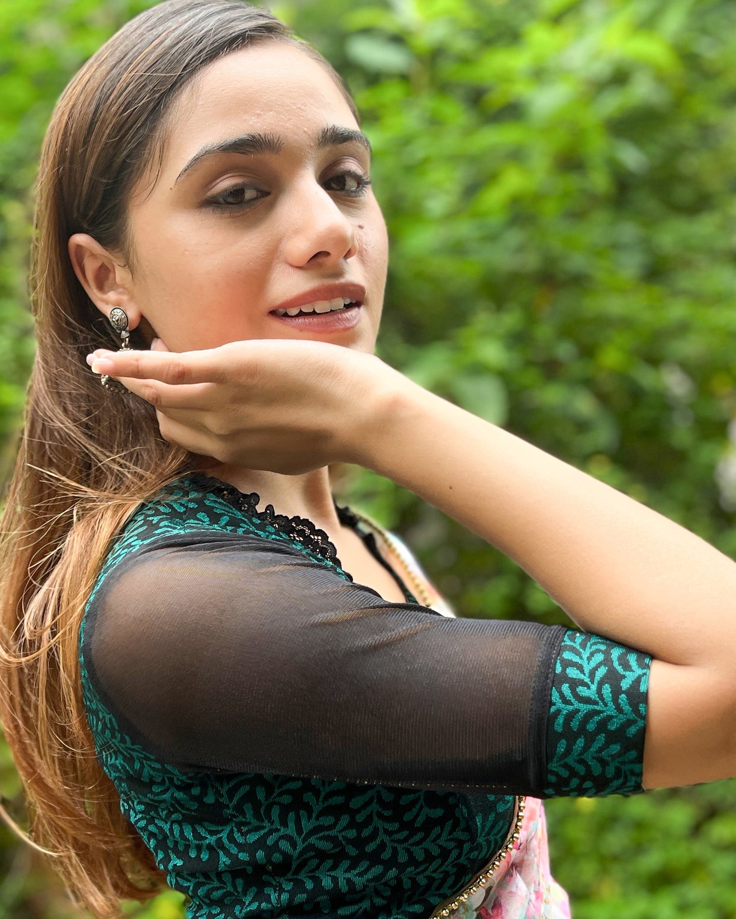 Kaya Green Jacquard Blouse with Ruffle Lace Collar by Advi