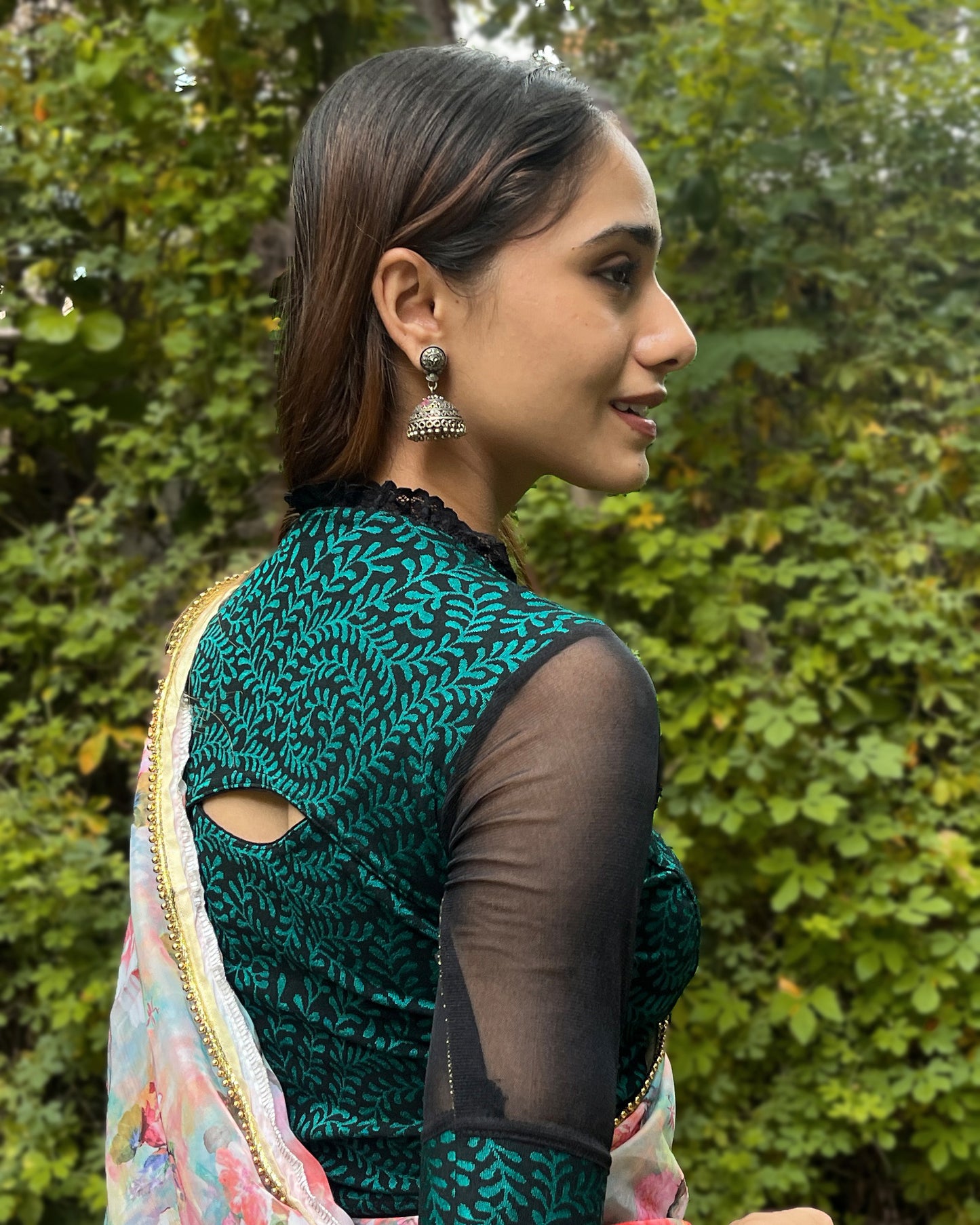 Kaya Green Jacquard Blouse with Ruffle Lace Collar by Advi