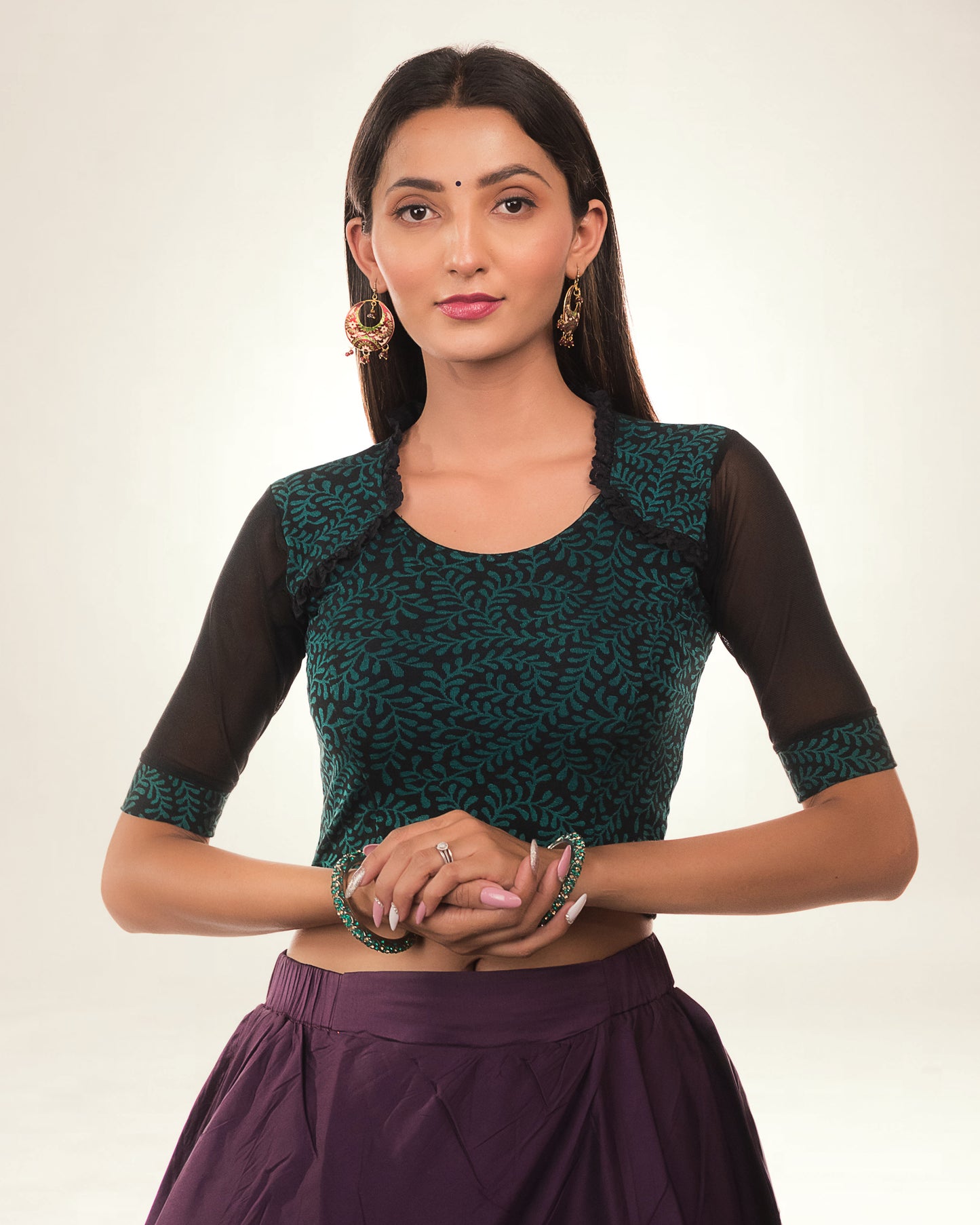Kaya Green Jacquard Blouse with Ruffle Lace Collar by Advi