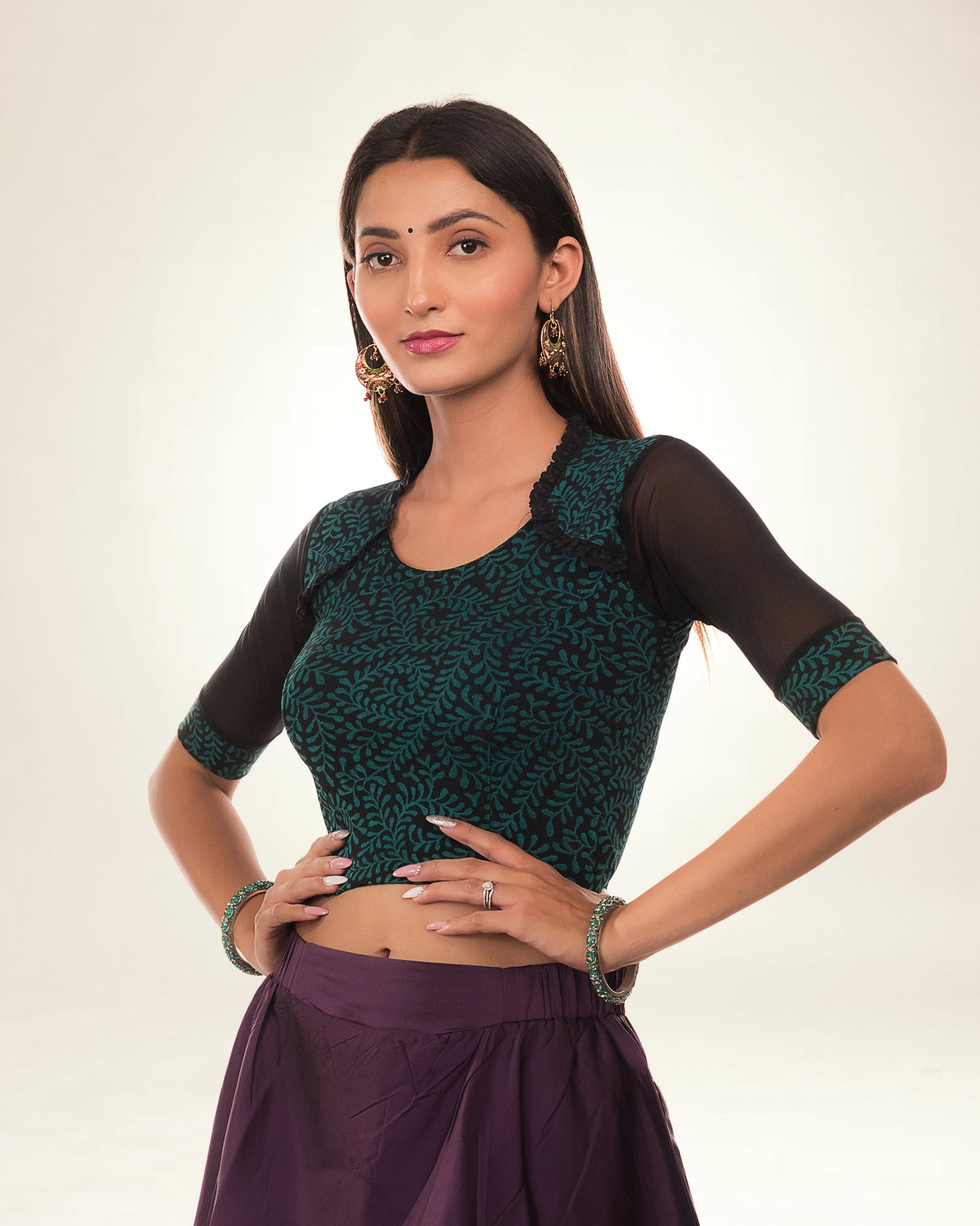 Kaya Green Jacquard Blouse with Ruffle Lace Collar by Advi