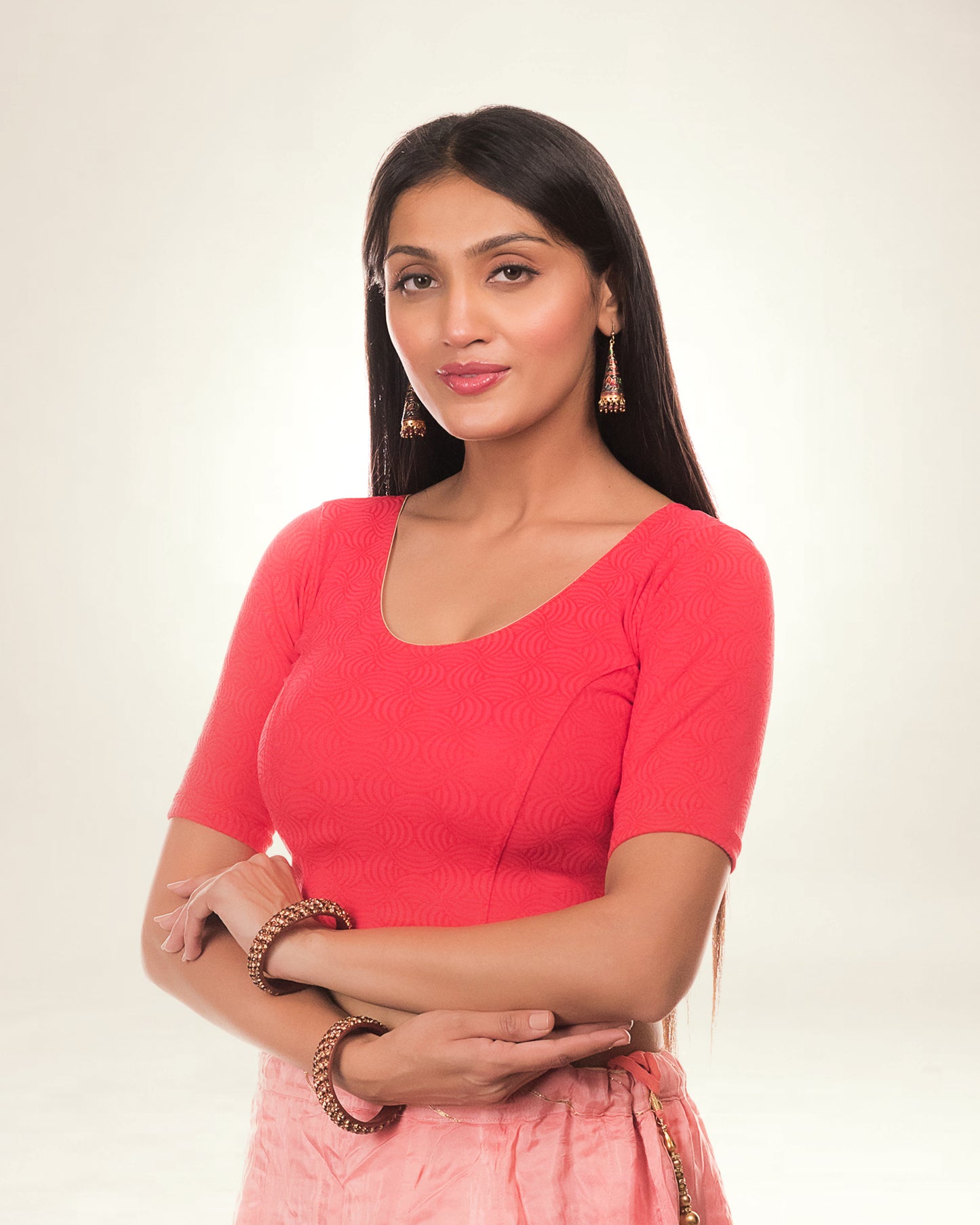 Radha Coral Potli Back Lycra Jacquard Blouse with Boat Neck Advi