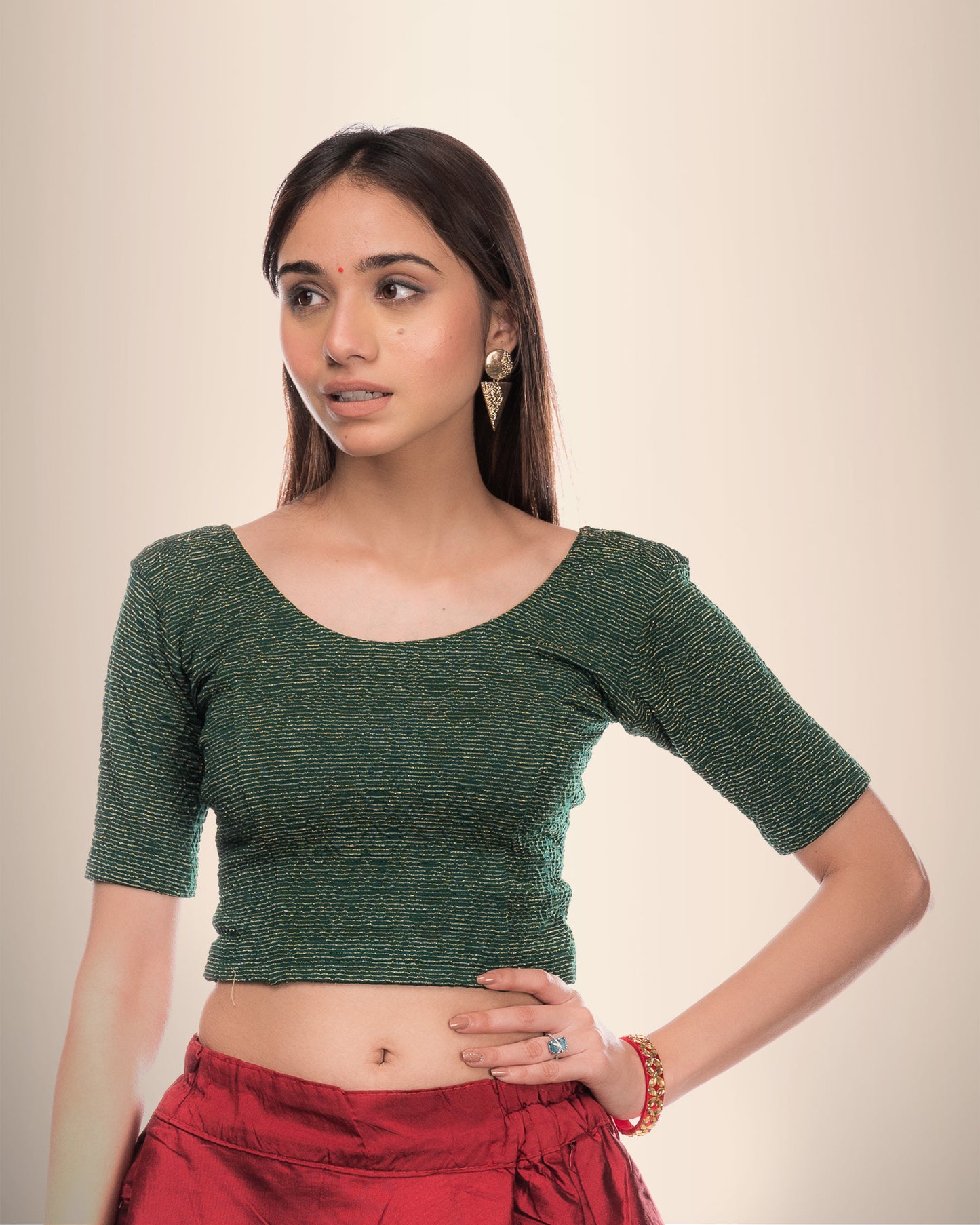 Urvi Green Zari Jacquard Blouse with Stretchable Fit and Metallic Shine
