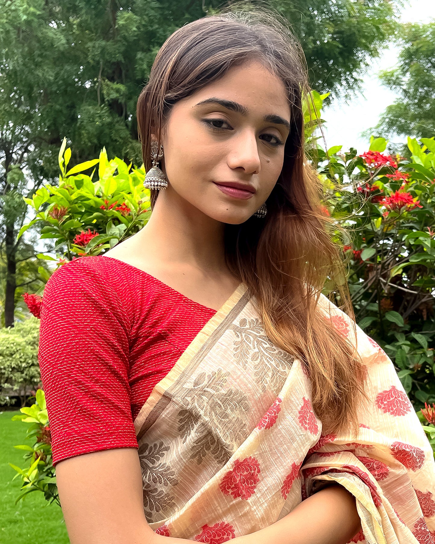 Urvi Red Zari Blouse with Gold Metallic Jacquard and Boat Neck Advi