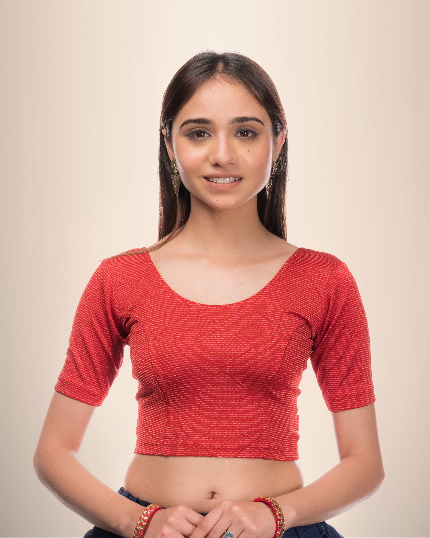 Urvi Red Zari Blouse with Gold Metallic Jacquard and Boat Neck Advi