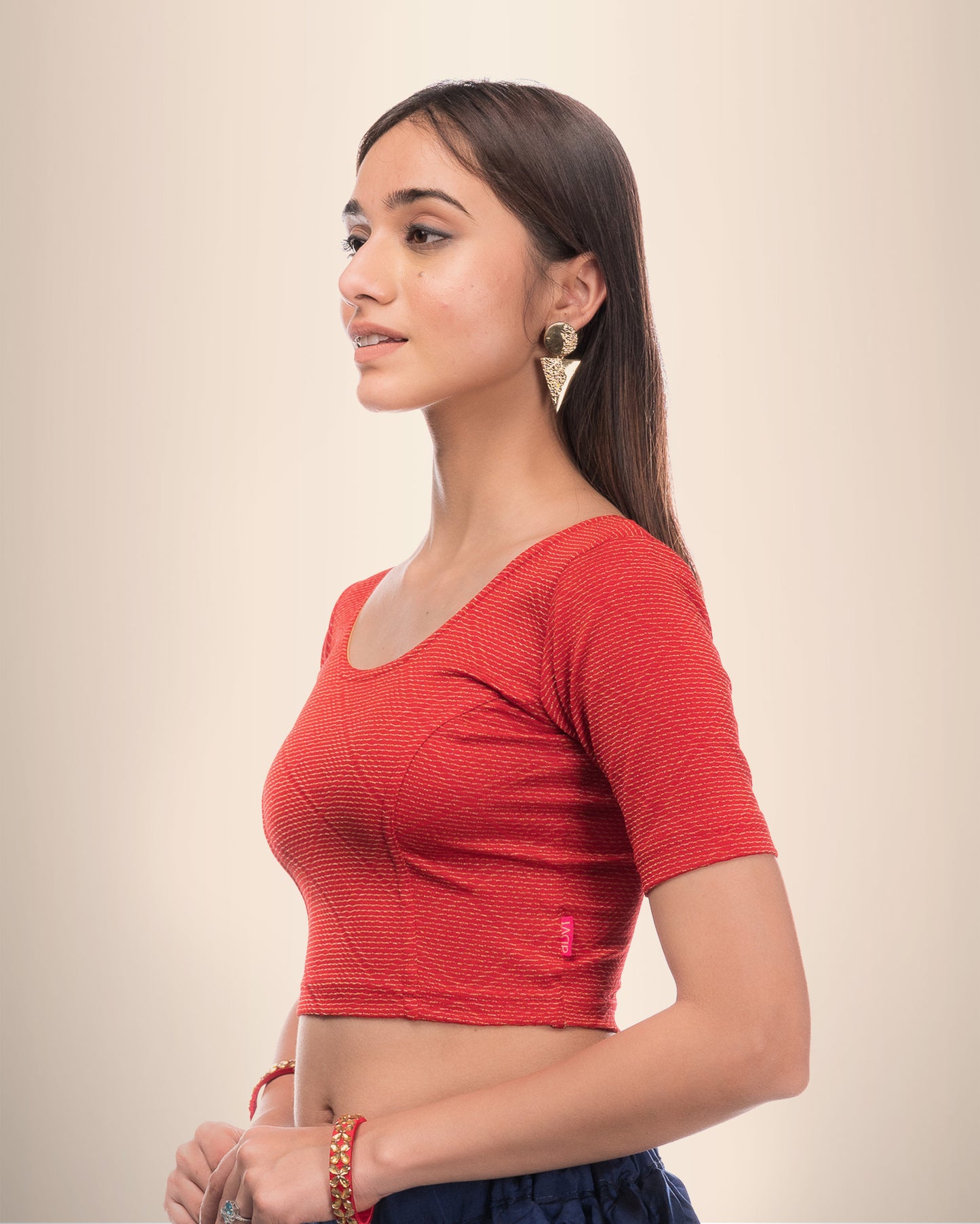 Urvi Red Zari Blouse with Gold Metallic Jacquard and Boat Neck Advi