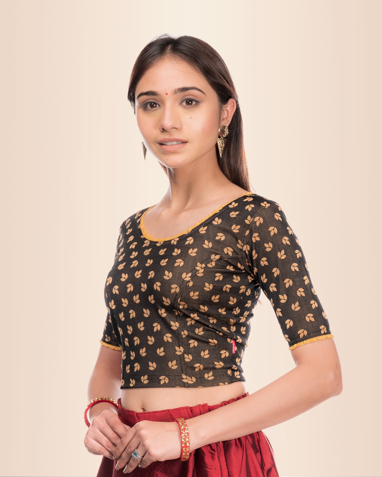 Kalee Black Frill Neck Jacquard Blouse with Designer Back Advi