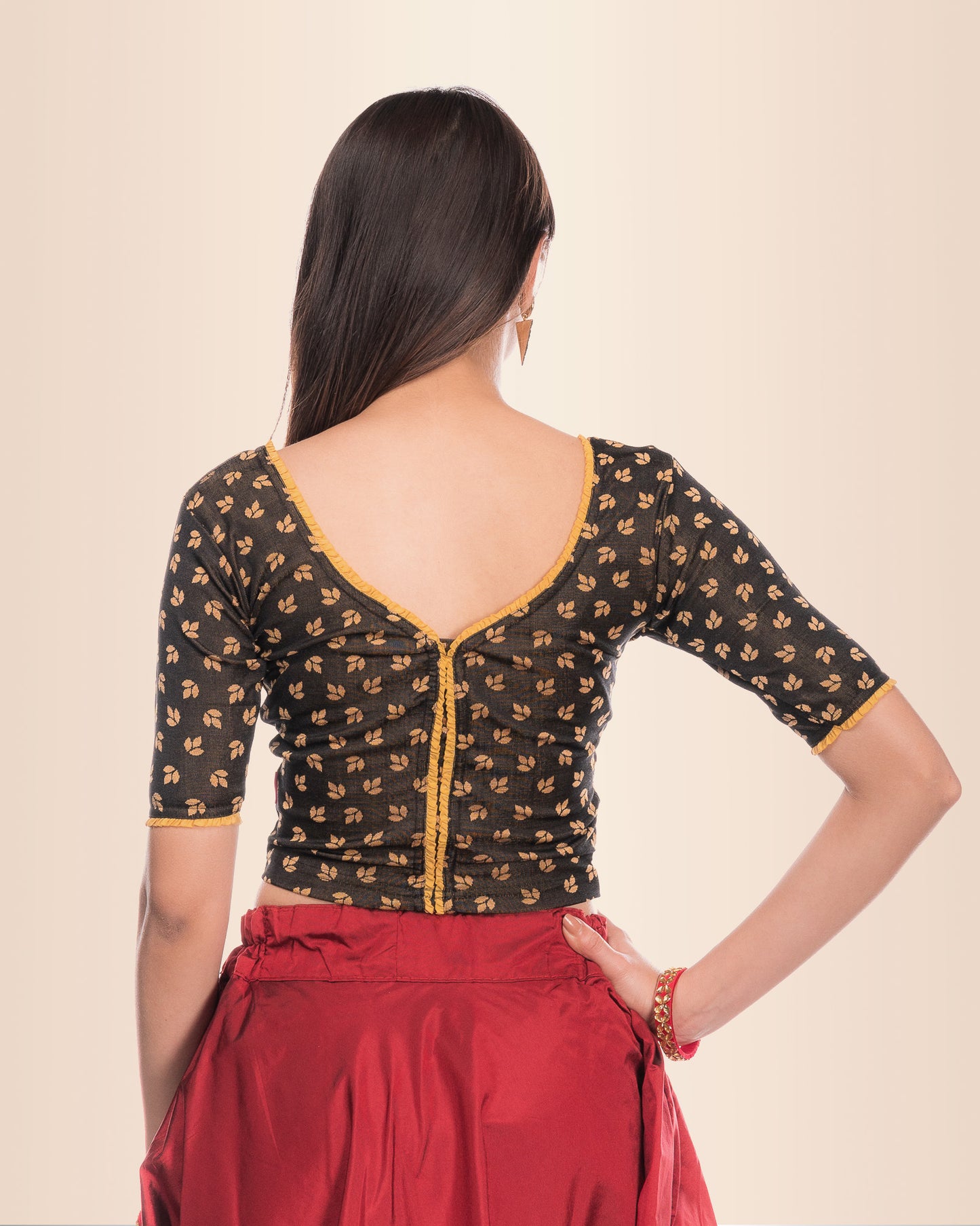 Kalee Black Frill Neck Jacquard Blouse with Designer Back Advi