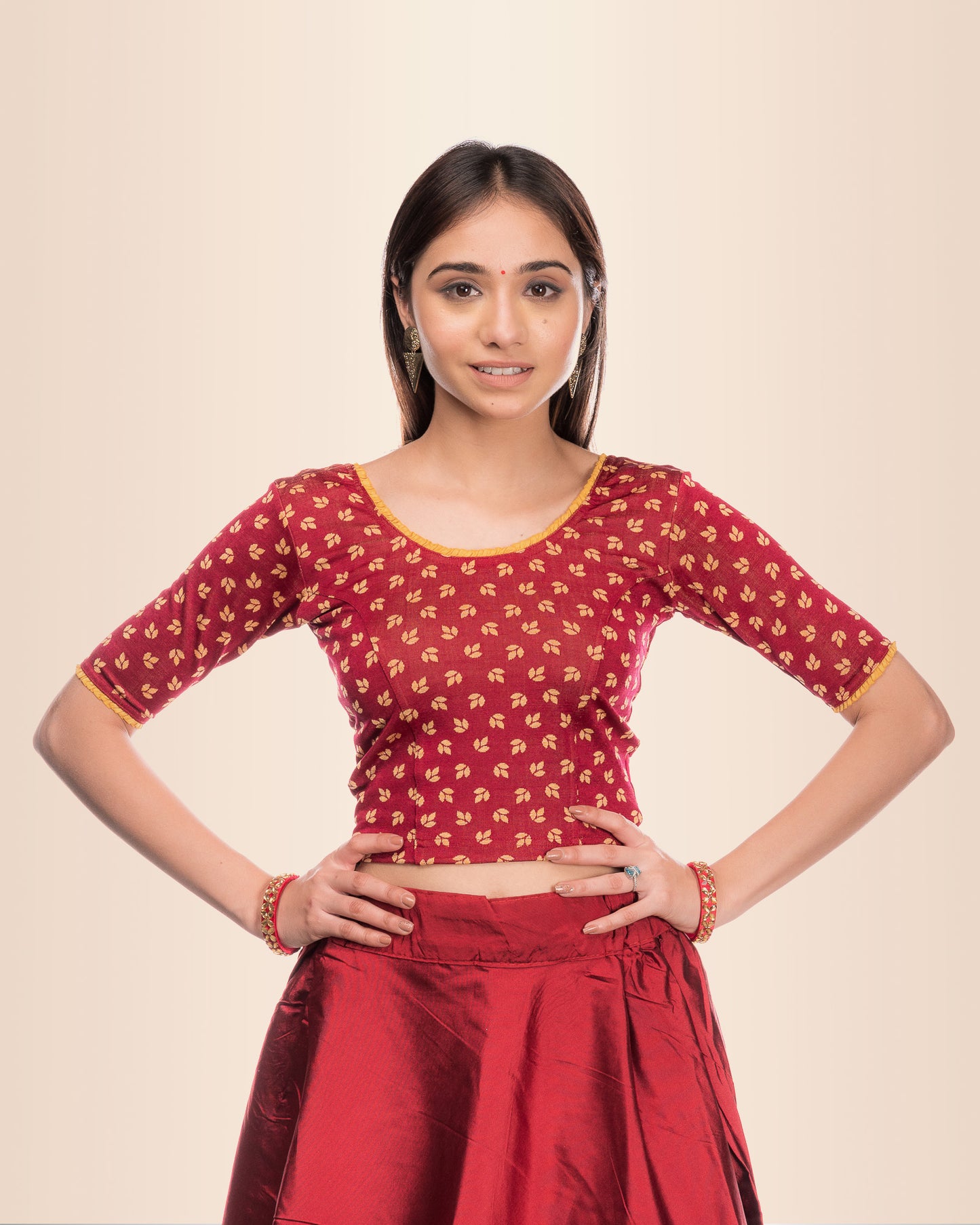 Kalee Maroon Stretchable Blouse with Frill Neck and Back Advi