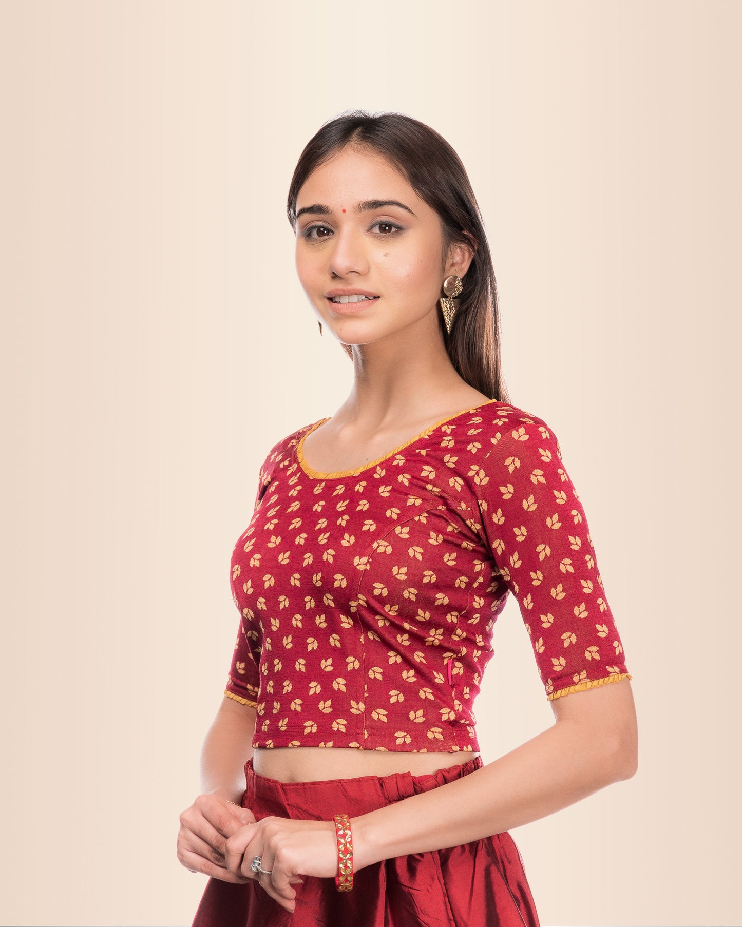 Kalee Maroon Stretchable Blouse with Frill Neck and Back Advi