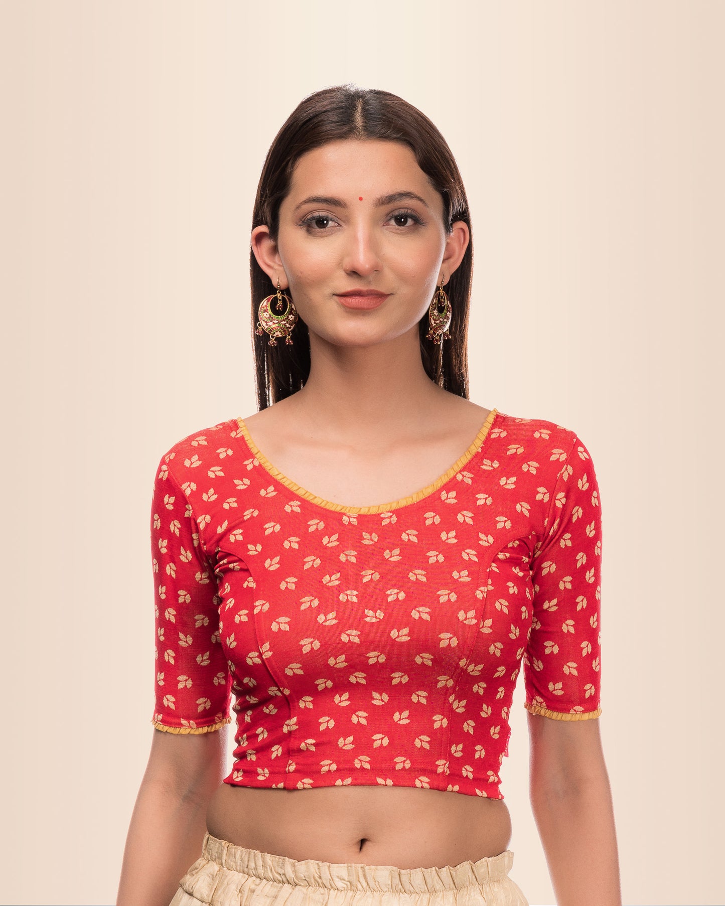 Kalee Red Boat Neck Jacquard Blouse with Frill Back Detail Advi
