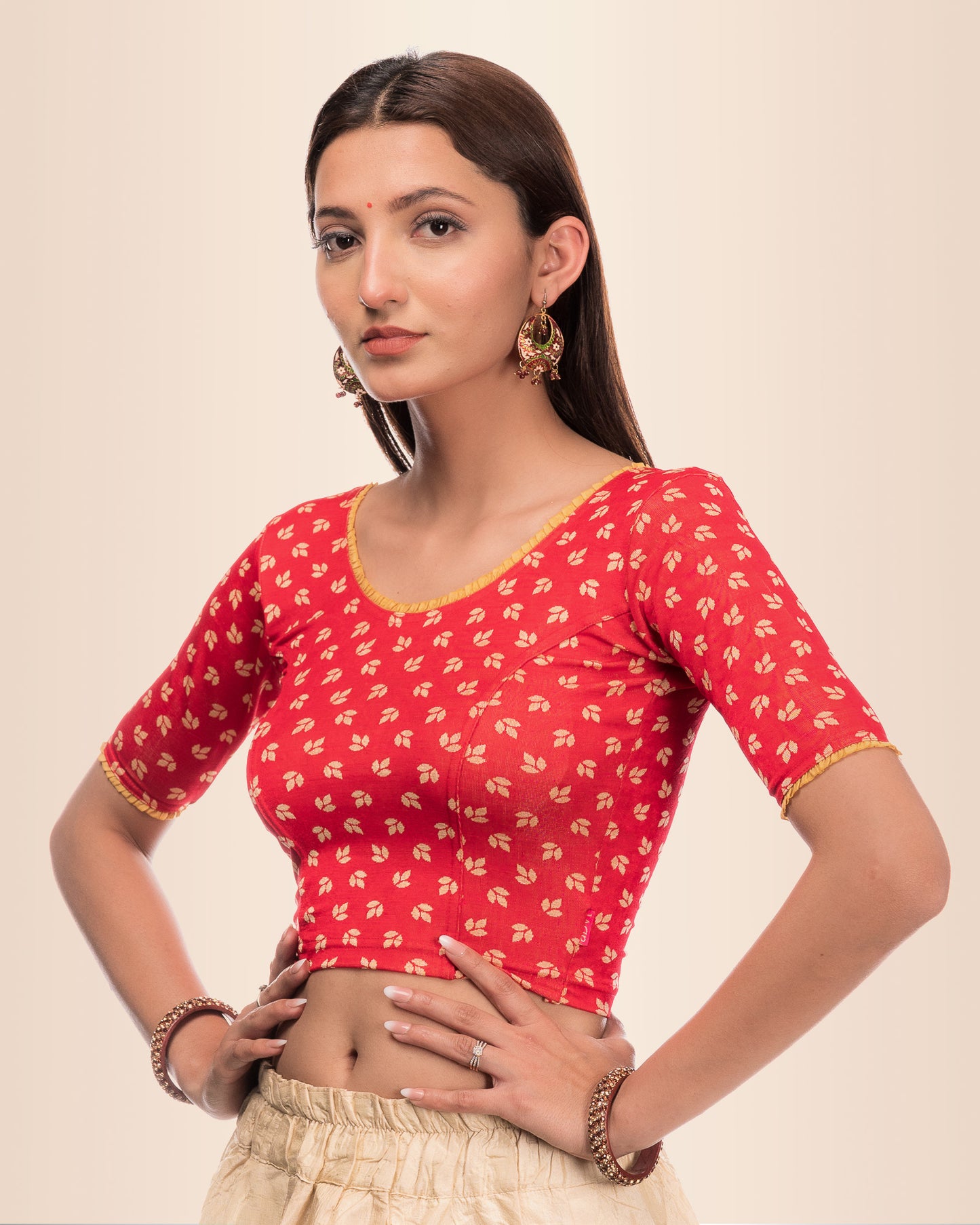 Kalee Red Boat Neck Jacquard Blouse with Frill Back Detail Advi