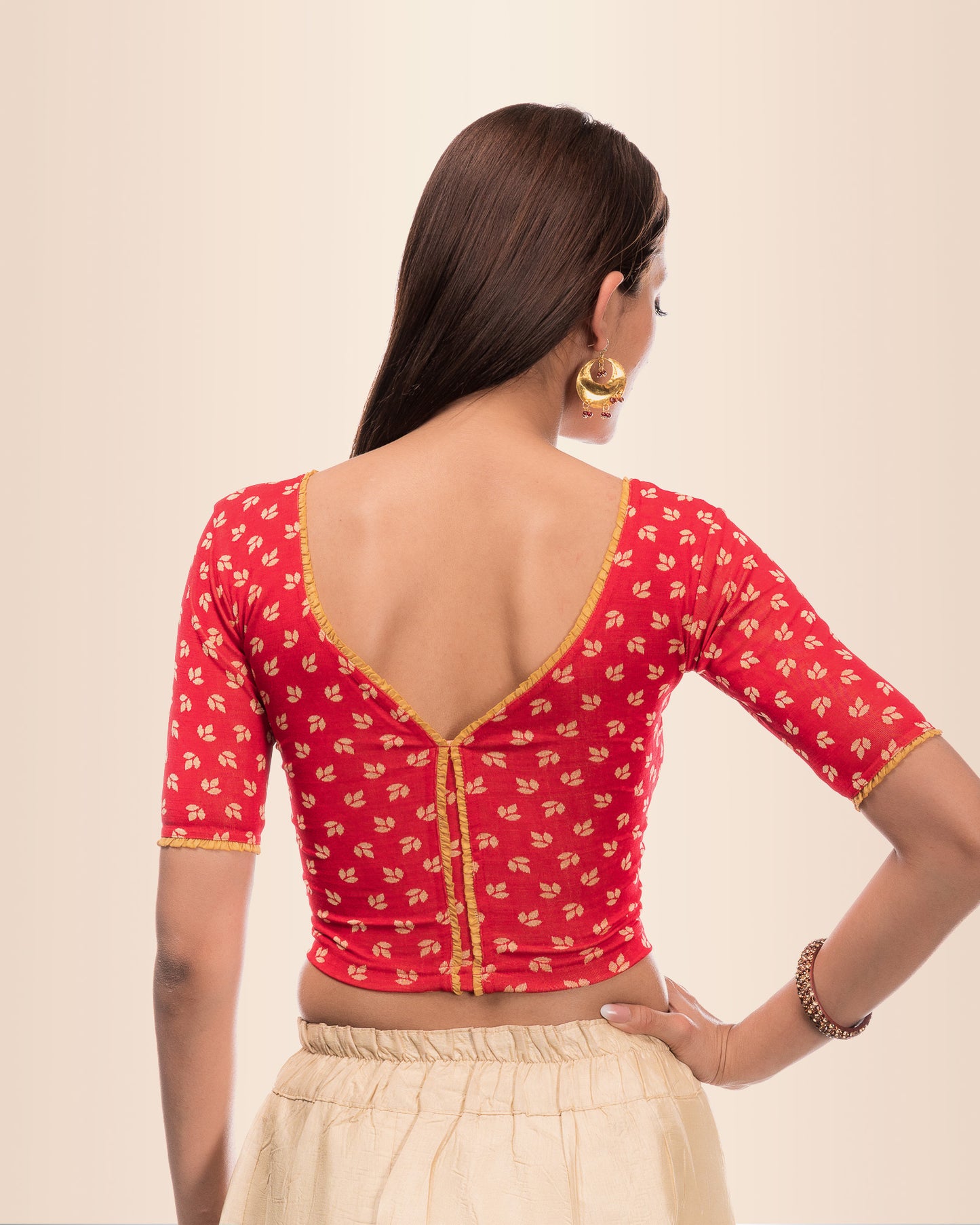 Kalee Red Boat Neck Jacquard Blouse with Frill Back Detail Advi