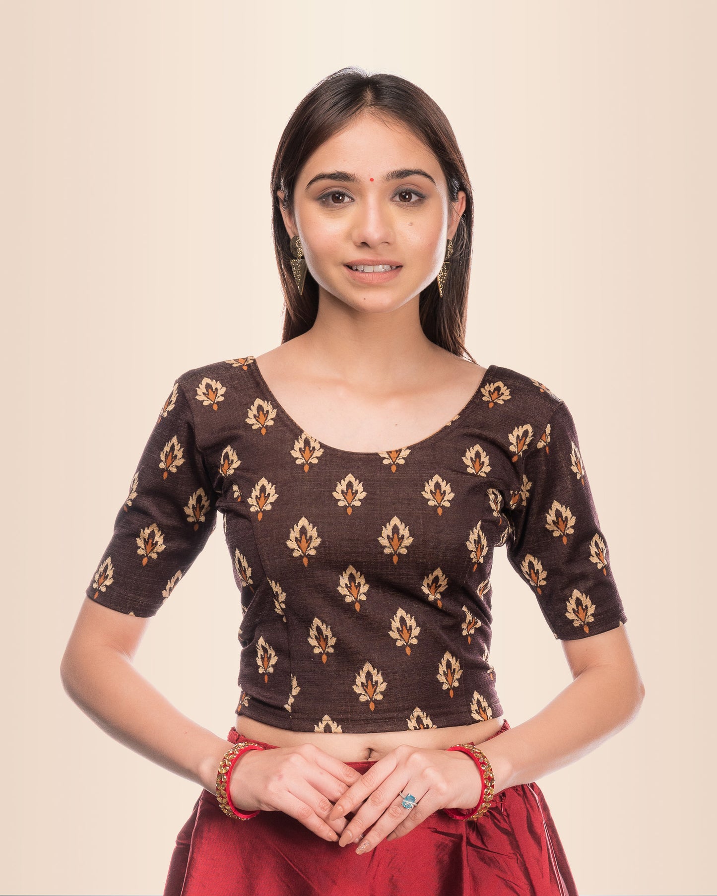 Kavana Coffee Multicolour Buti Stretchable Elbow Sleeve Blouse Advi