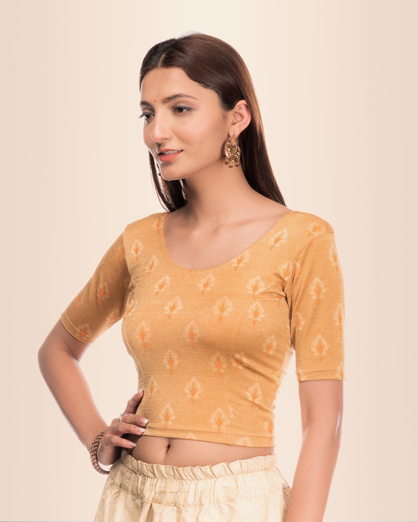 Kavana Beige Block Printed Jacquard Elbow Sleeve Blouse by Advi