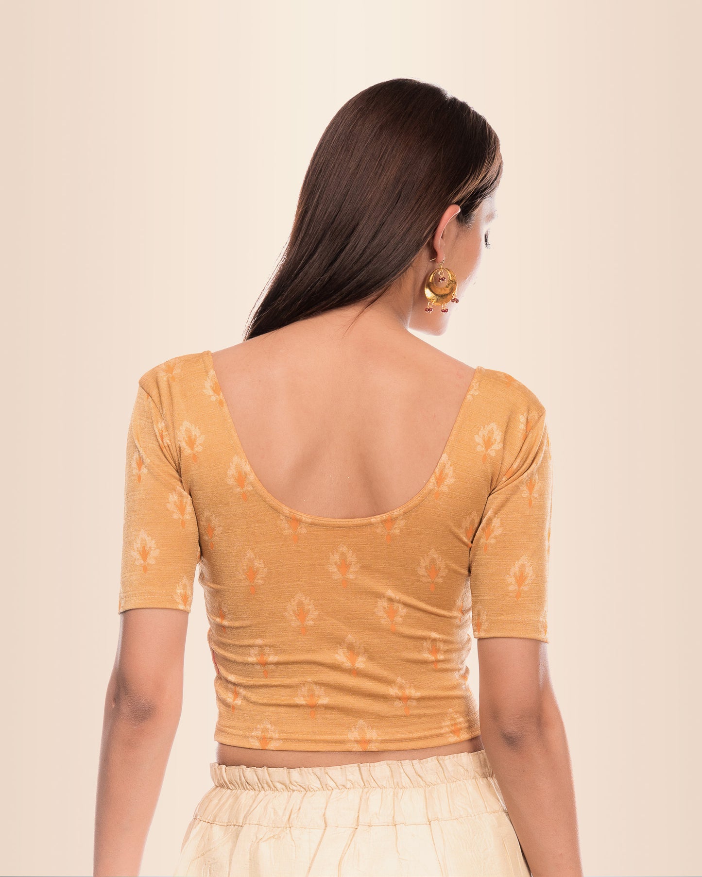 Kavana Beige Block Printed Jacquard Elbow Sleeve Blouse by Advi