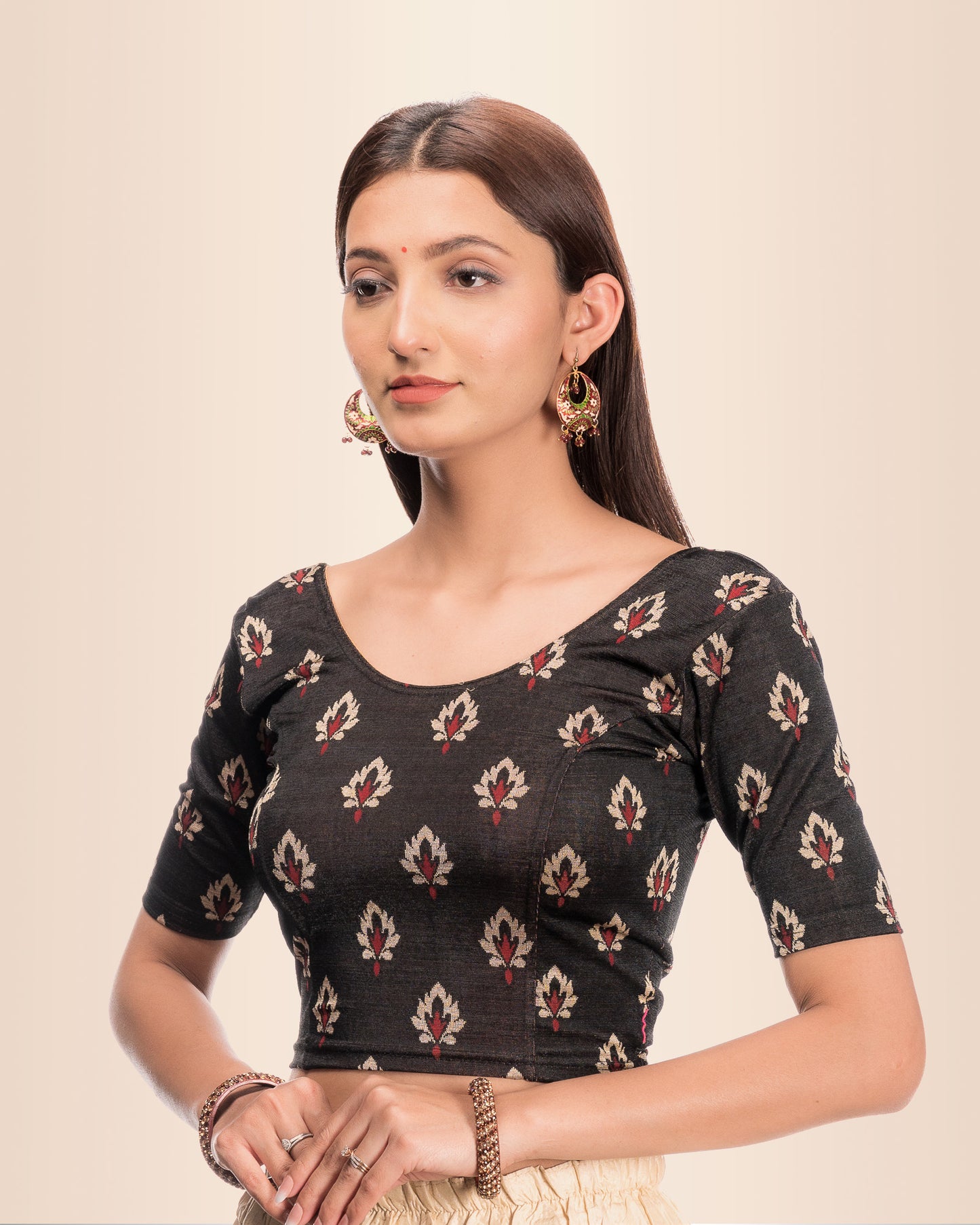 Kavana Black Block Print Jacquard Blouse with Boat Neck by Advi