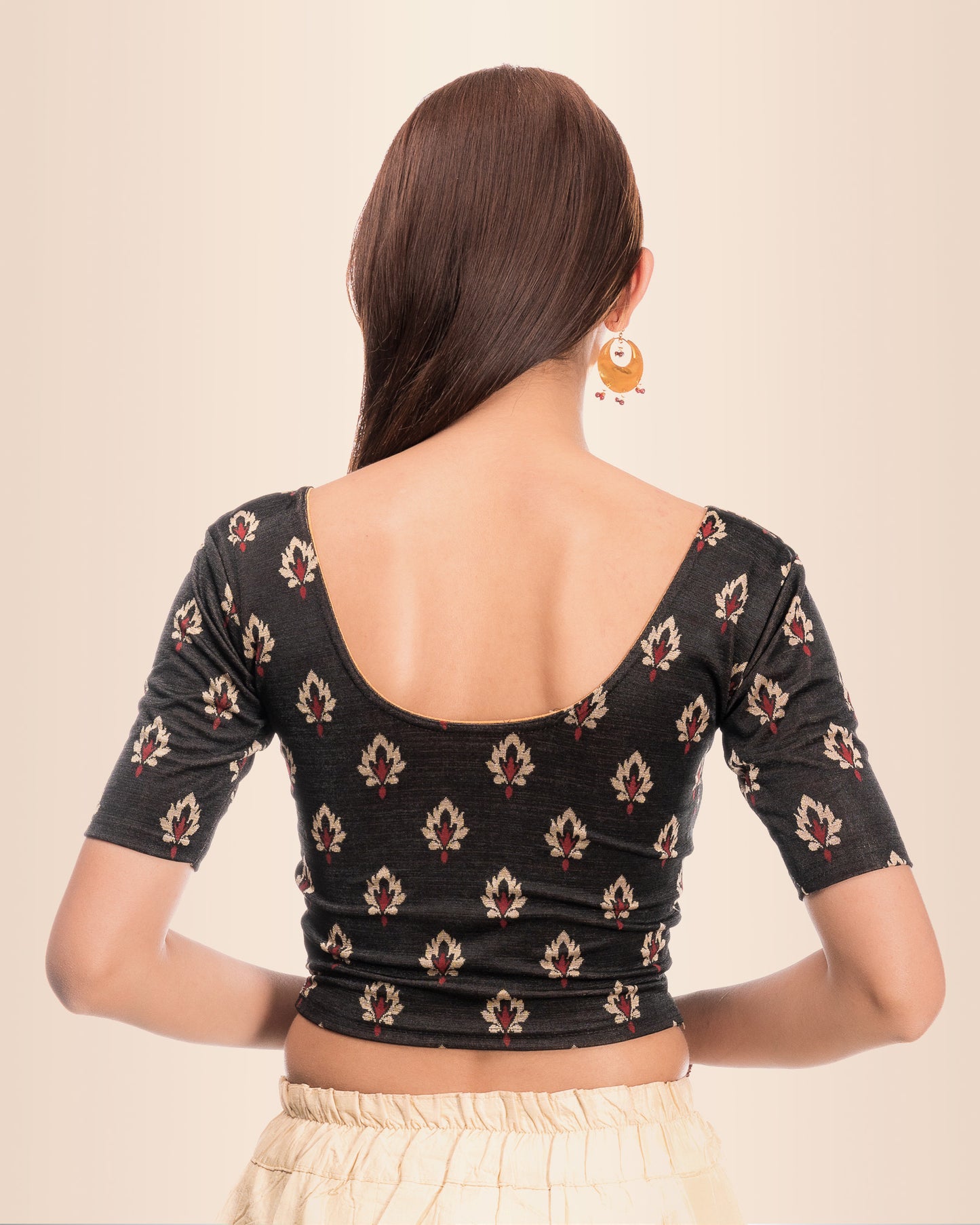 Kavana Black Block Print Jacquard Blouse with Boat Neck by Advi