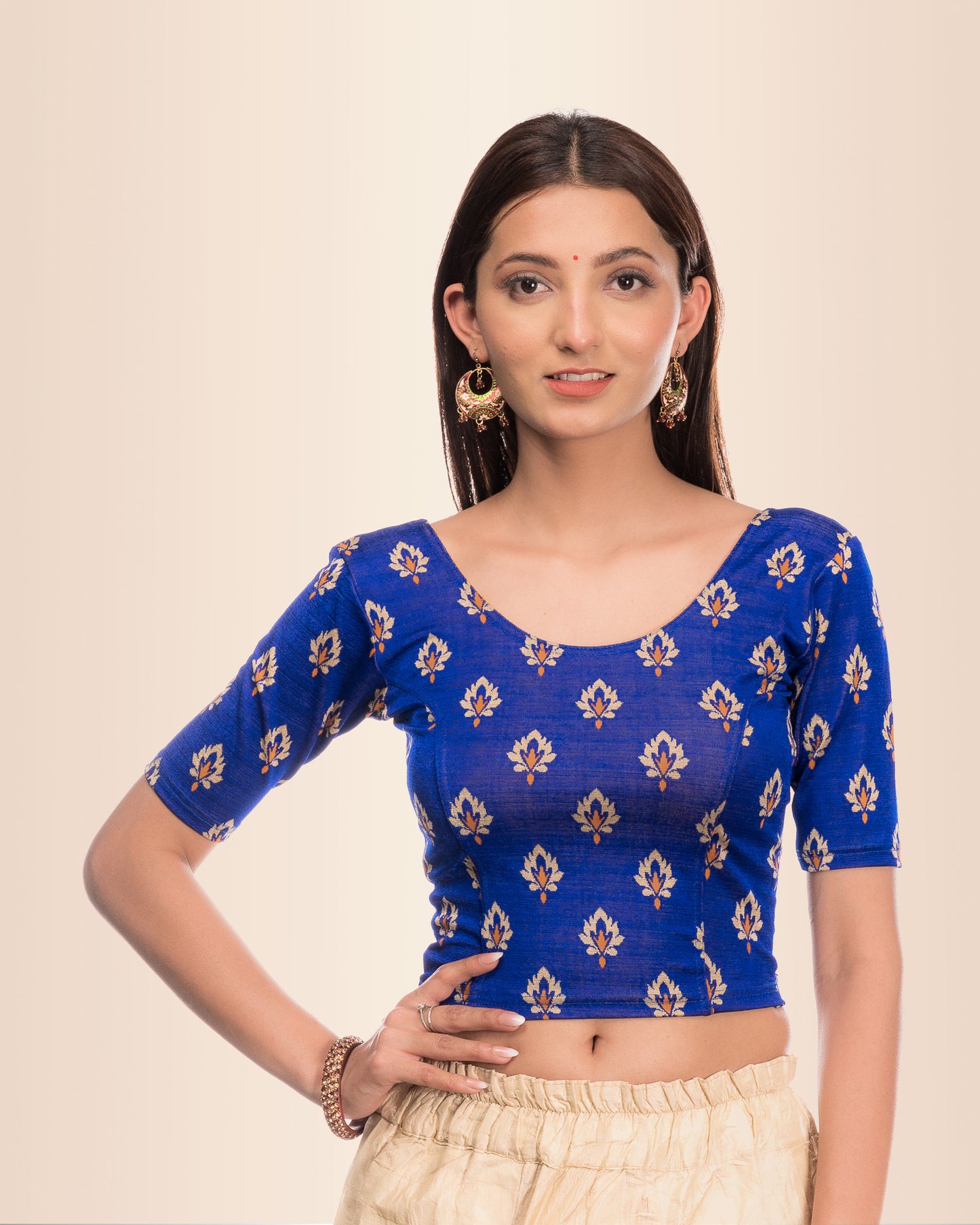 Kavana Blue Multicolour Buti Jacquard Blouse with Slip-On Fit Advi