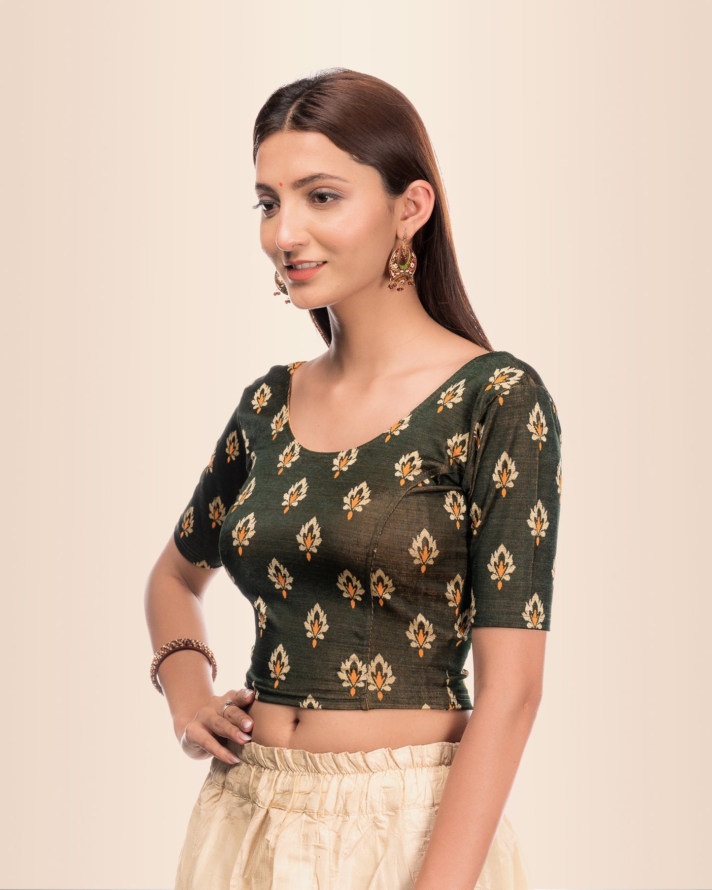 Kavana Green Multicolour Buti Blouse in Stretchable Jacquard Advi