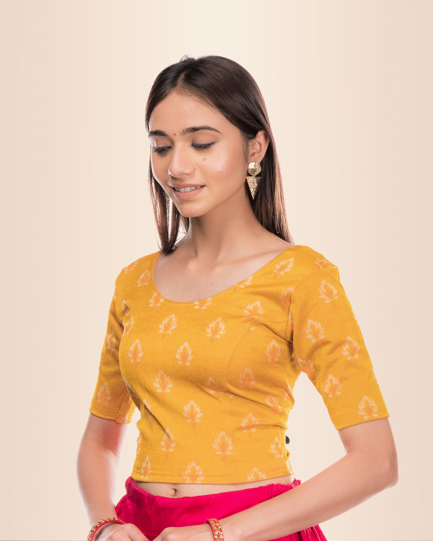 Kavana Mustard Multicolour Buti Blouse with Slip-On Fit by Advi