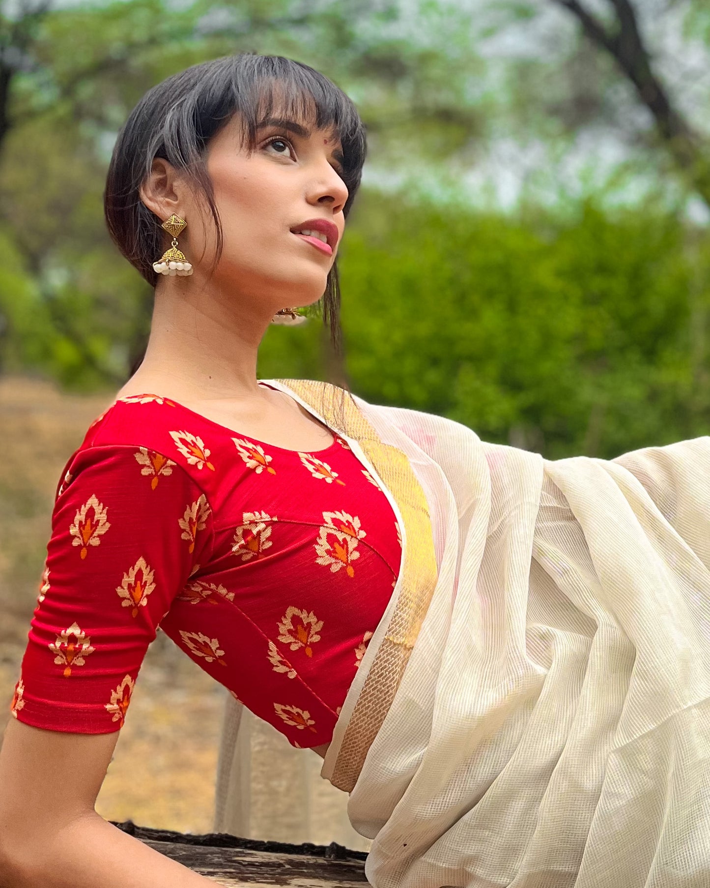 Kavana Red Multicolour Buti Jacquard Stretchable Elbow Blouse Advi