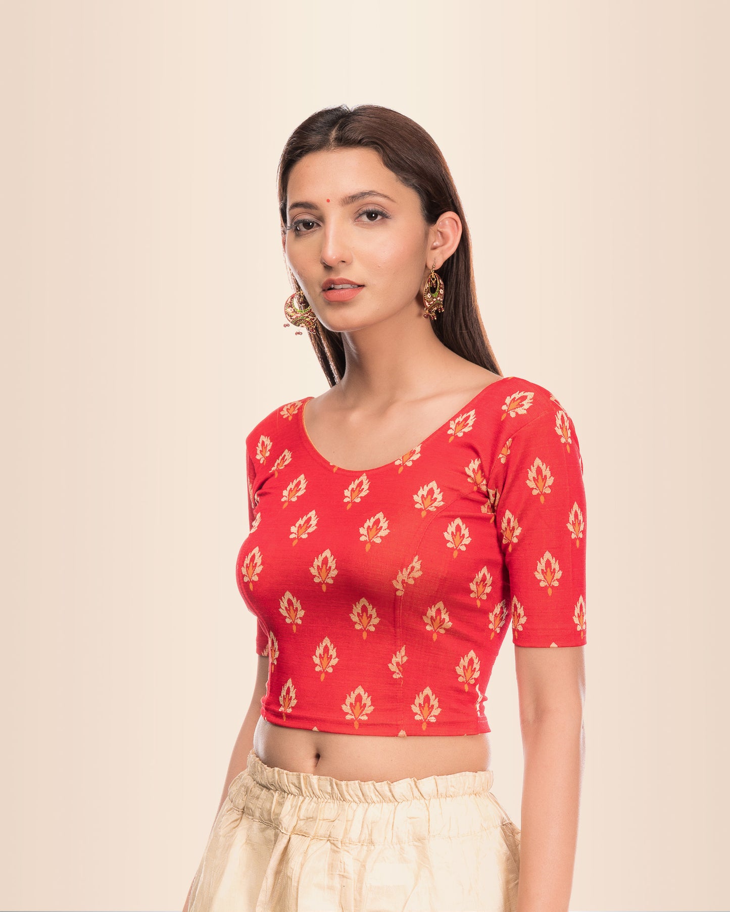 Kavana Red Multicolour Buti Jacquard Stretchable Elbow Blouse Advi