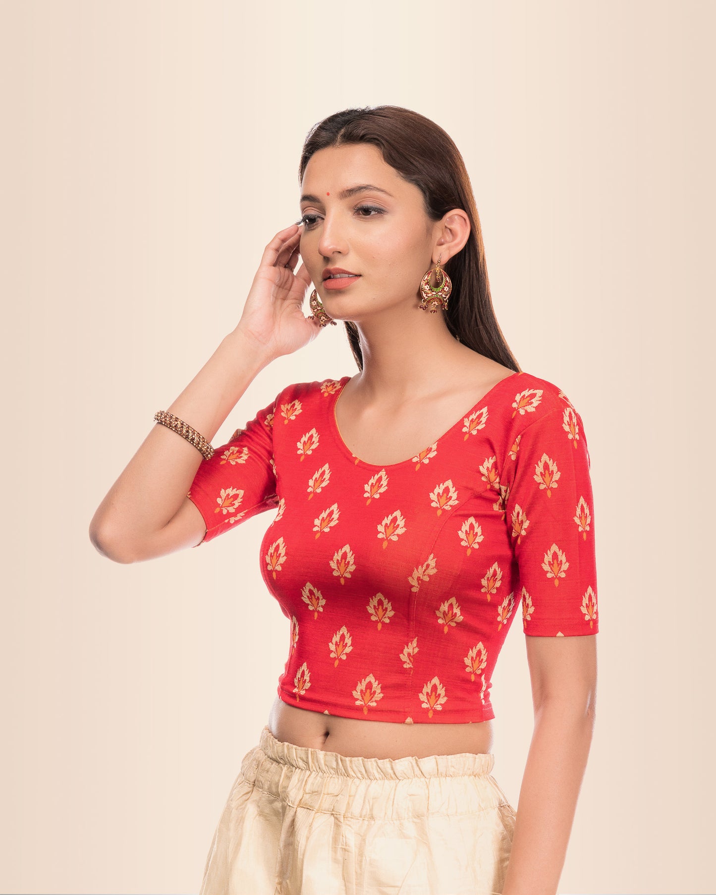 Kavana Red Multicolour Buti Jacquard Stretchable Elbow Blouse Advi